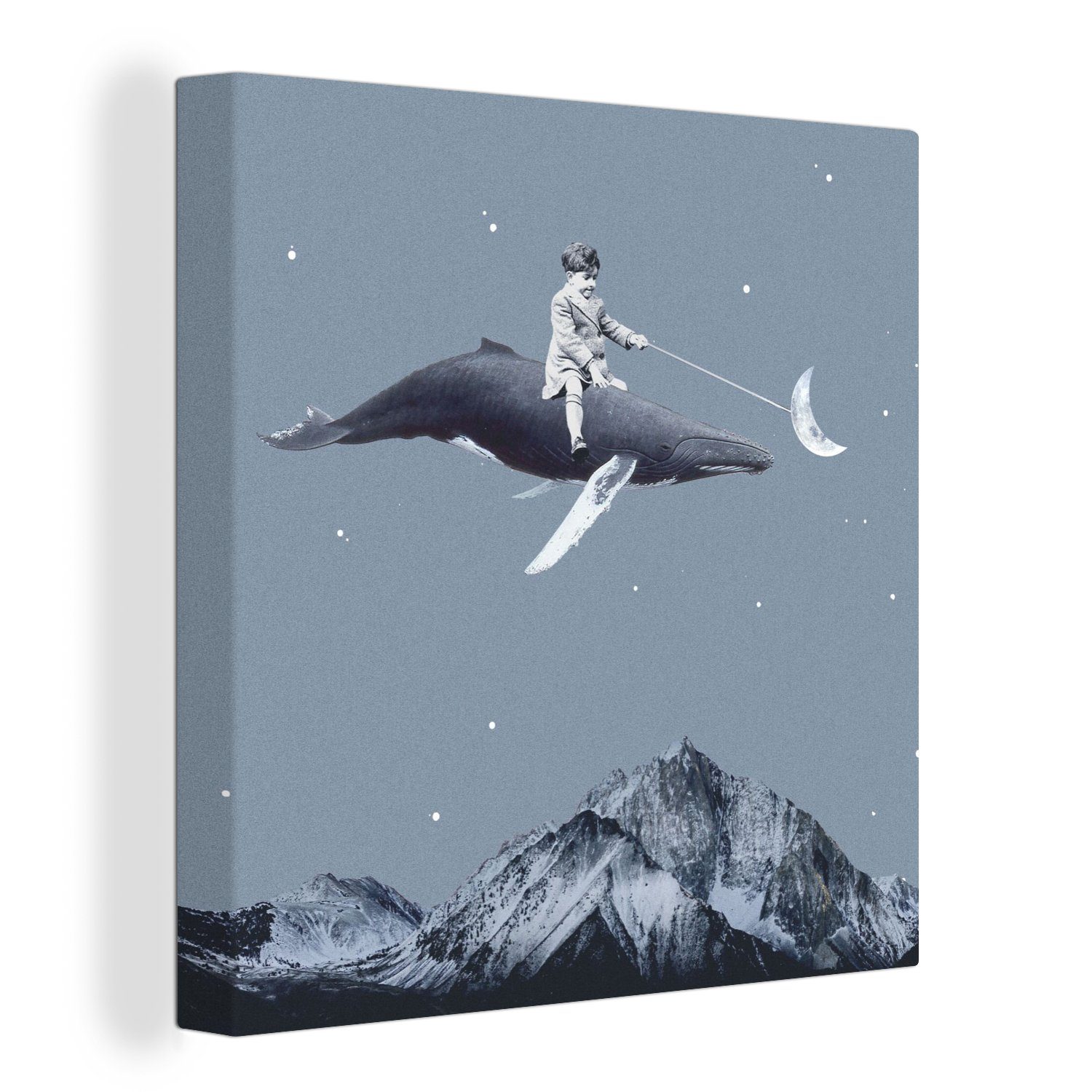 OneMillionCanvasses® Leinwandbild Weltraum - Junge - Mond - Wal, Fotodruck (1 St), Wandbild, Deko Schlafzimmer Wohnzimmer Flur 20x20 cm