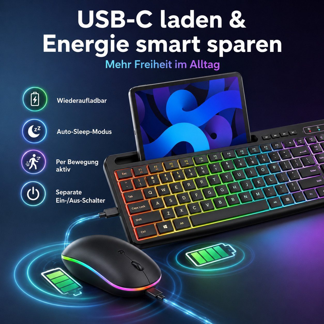 Goldstern-Tech Gaming-Tastatur (2,4-GHz Wireless Tastatur-Maus-Set mit RGB & USB-C)