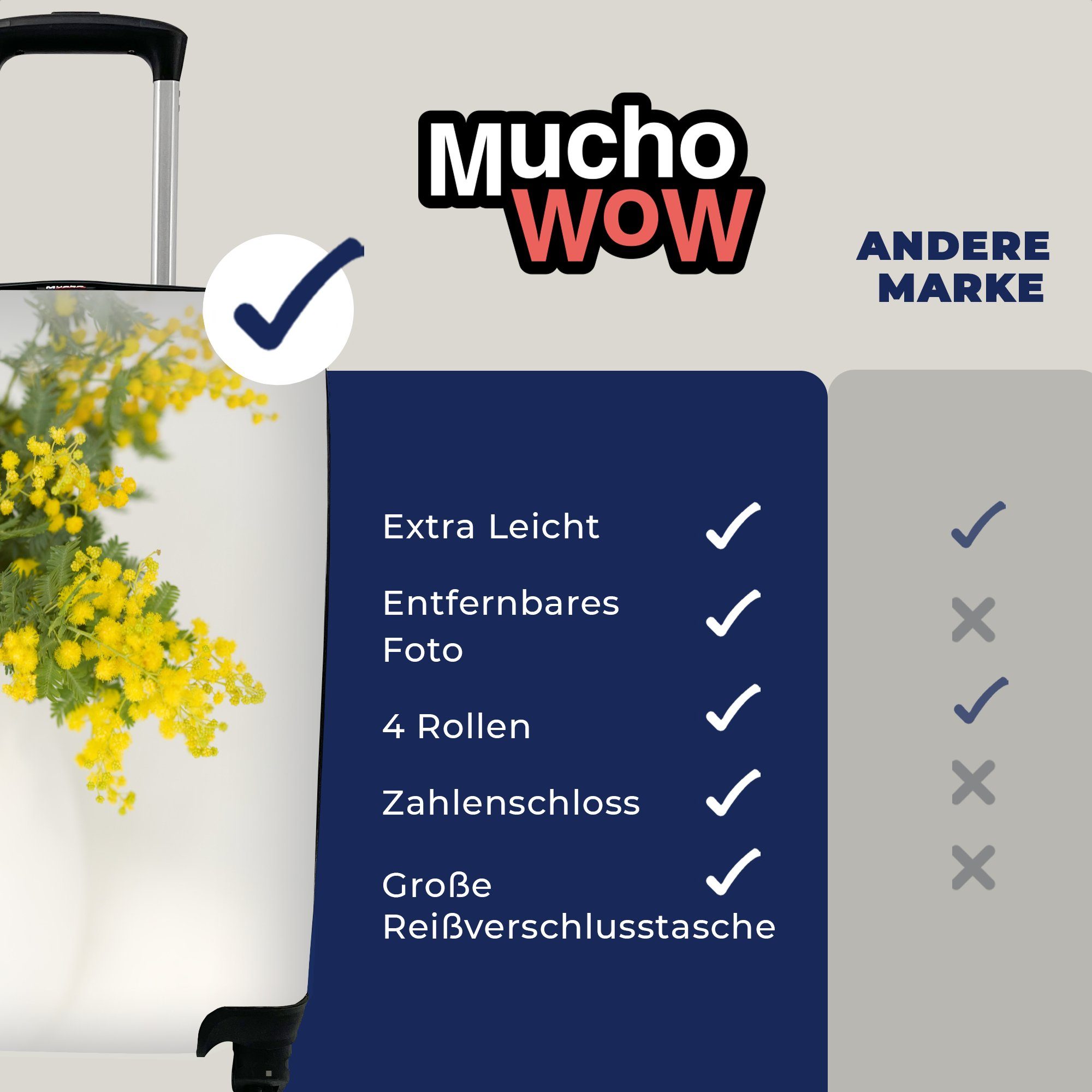 Reisetasche Blättern MuchoWow Handgepäckkoffer 4 für rollen, einem grünen mit Handgepäck mit Mimosenpflanzen Ferien, Reisekoffer großen in Gelbe Rollen, Topf, Trolley,