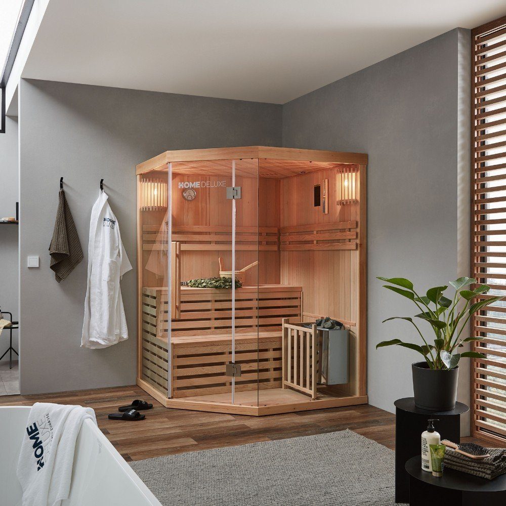 HOME DELUXE Sauna Traditionelle Sauna SKYLINE - XL, BxTxH: 150 x 150 x 200 cm, ideal für 3 Personen, 6 kW Saunaofen, aus Hemlocktanne