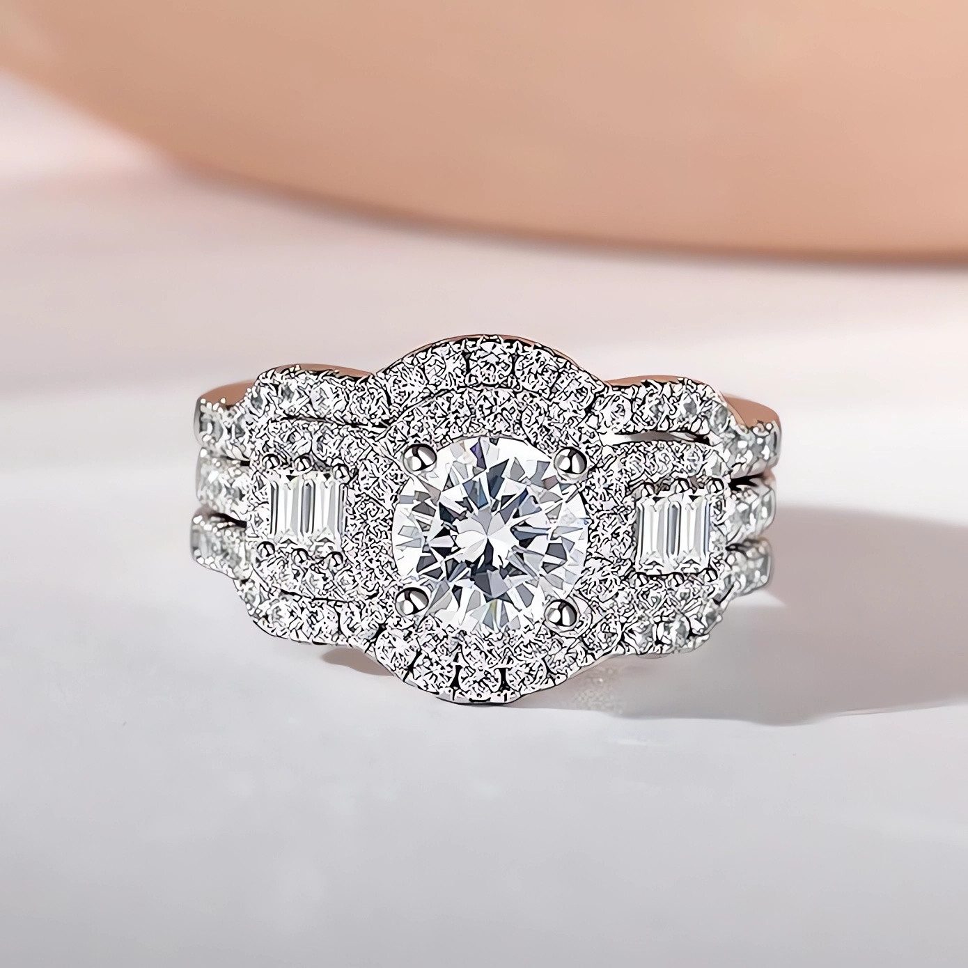 Jumpeak Diamantring Verlobungsringe,Luxuriöser Klassiker,3-teiliges Set,Brautset,Weißgold, 1,2ct stapelbarer Runder Diamantring,E,VS2,3EX,14K Gold,Ring mit Stein