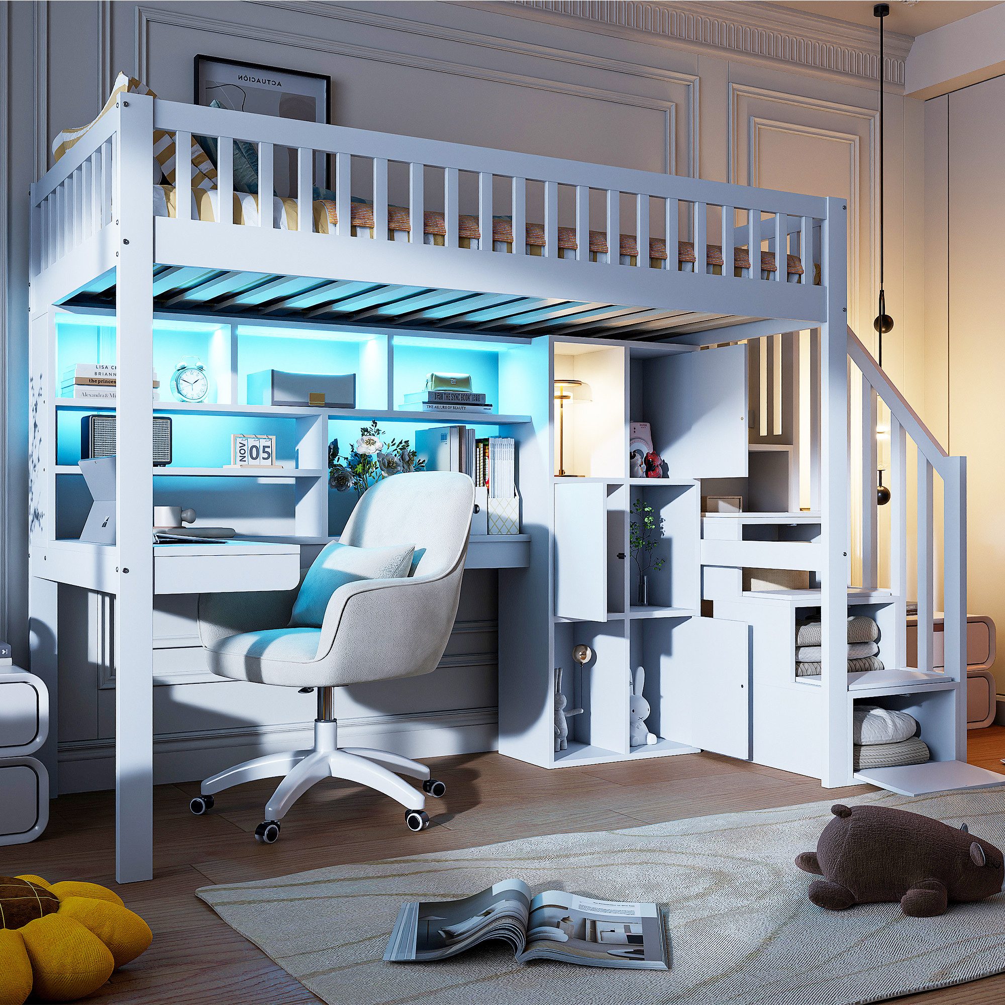 Flieks Hochbett Kinderbett 90x200cm mit Ambientelicht, Ablagefächer und Schreibtisch – Bild 3 von 5