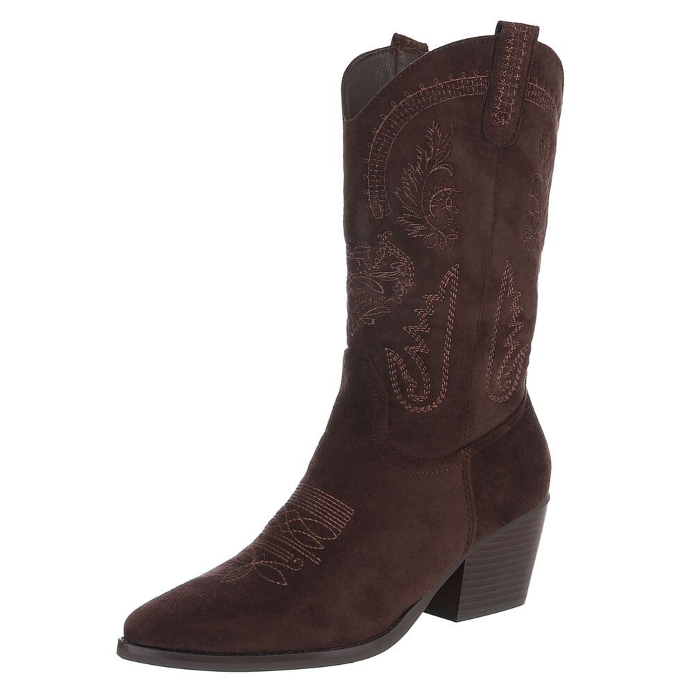 Ital-Design Damen Cowboystiefel Kniehoch Wildleder-Optik Blockabsatz Westernstiefel (92157742) Blockabsatz Stiefel in Braun