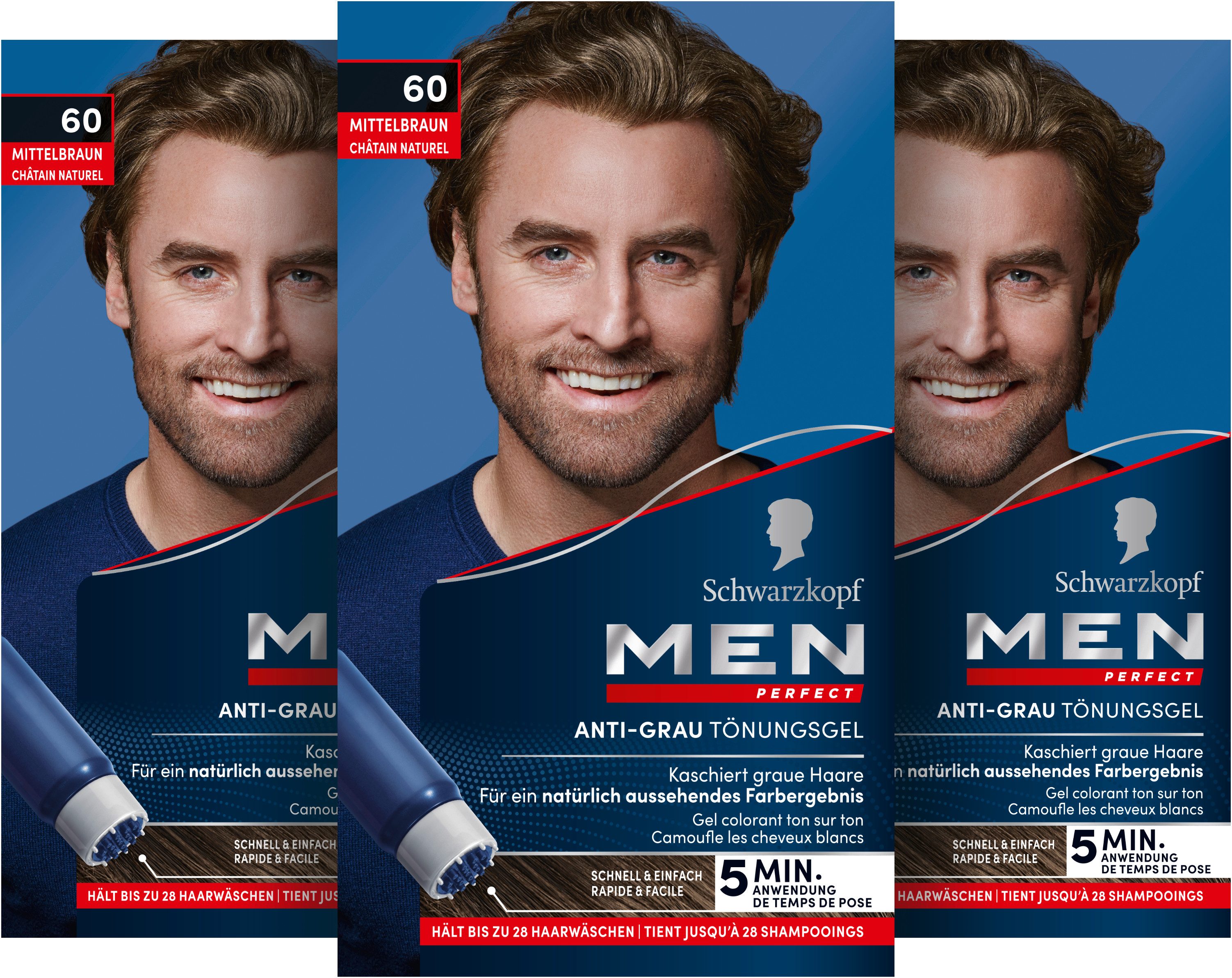 Schwarzkopf Haartönung Men Perfect 60 Mittelbraun - hält bis zu 28 Haarwäschen, Vorratspack, 3-tlg., 3x 80 ml, Anti-Grau Tönung für ein natürlich aussehendes Ergebnis