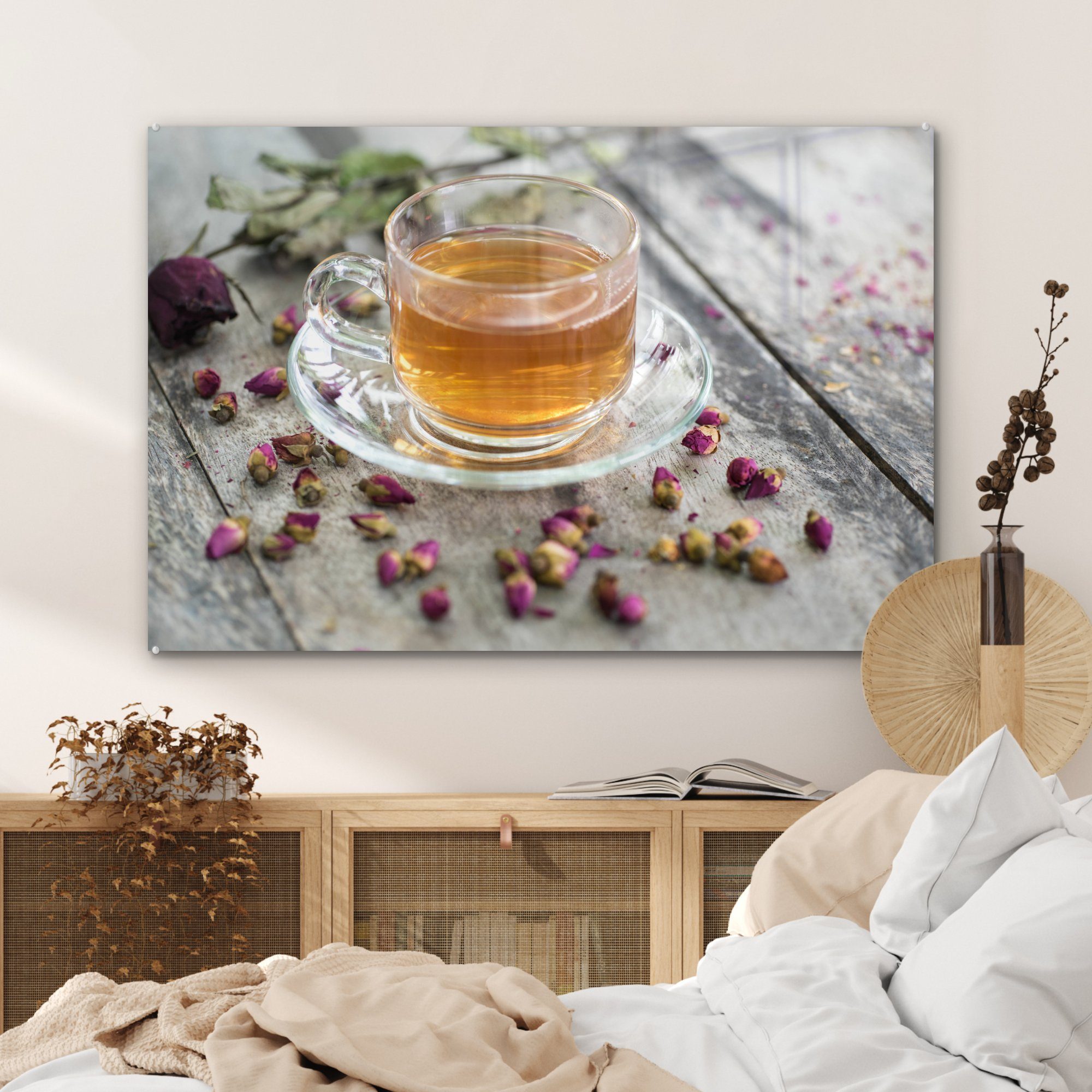 (1 Wohnzimmer Schlafzimmer St), & Orangentee, Acrylglasbilder Tasse Acrylglasbild umgeben von trockenen Rosenblättern, MuchoWow Eine