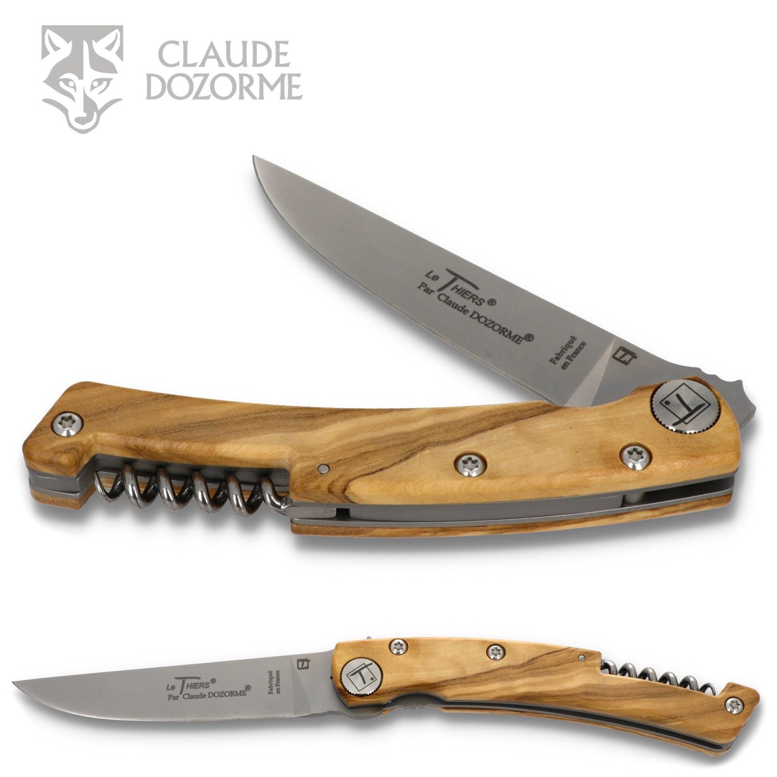 Claude Dozorme Taschenmesser 1.90.129.89L, Le Thiers - Griff 12cm Olive - Korkenzieher - Liner Lock - Stahl matt