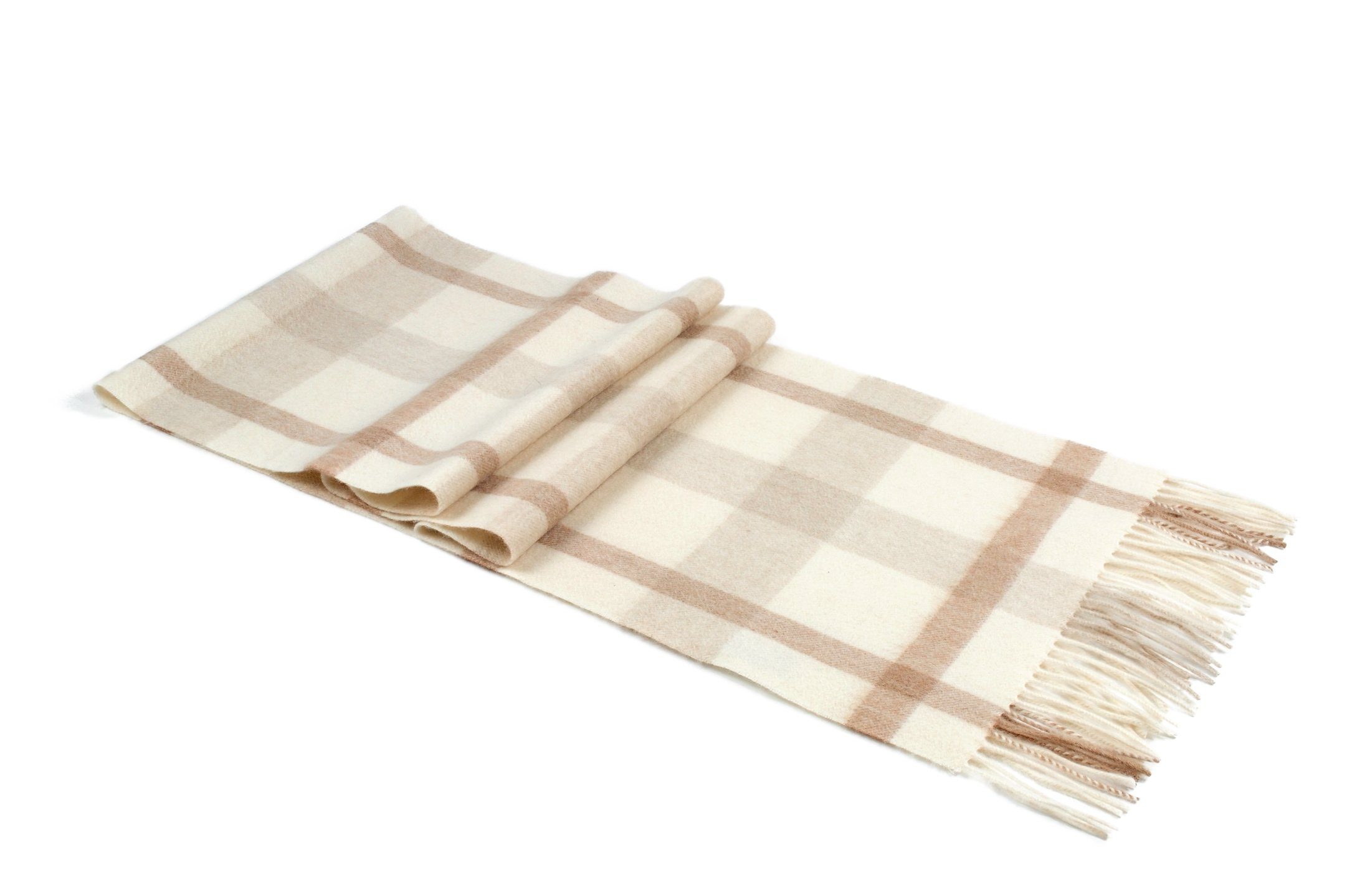 MayTree Kaschmirschal Unisex, 180 x 30cm, mit Fransen, kariert Hellbraun Weiss, (Stück, 1-St), 100% Kaschmir