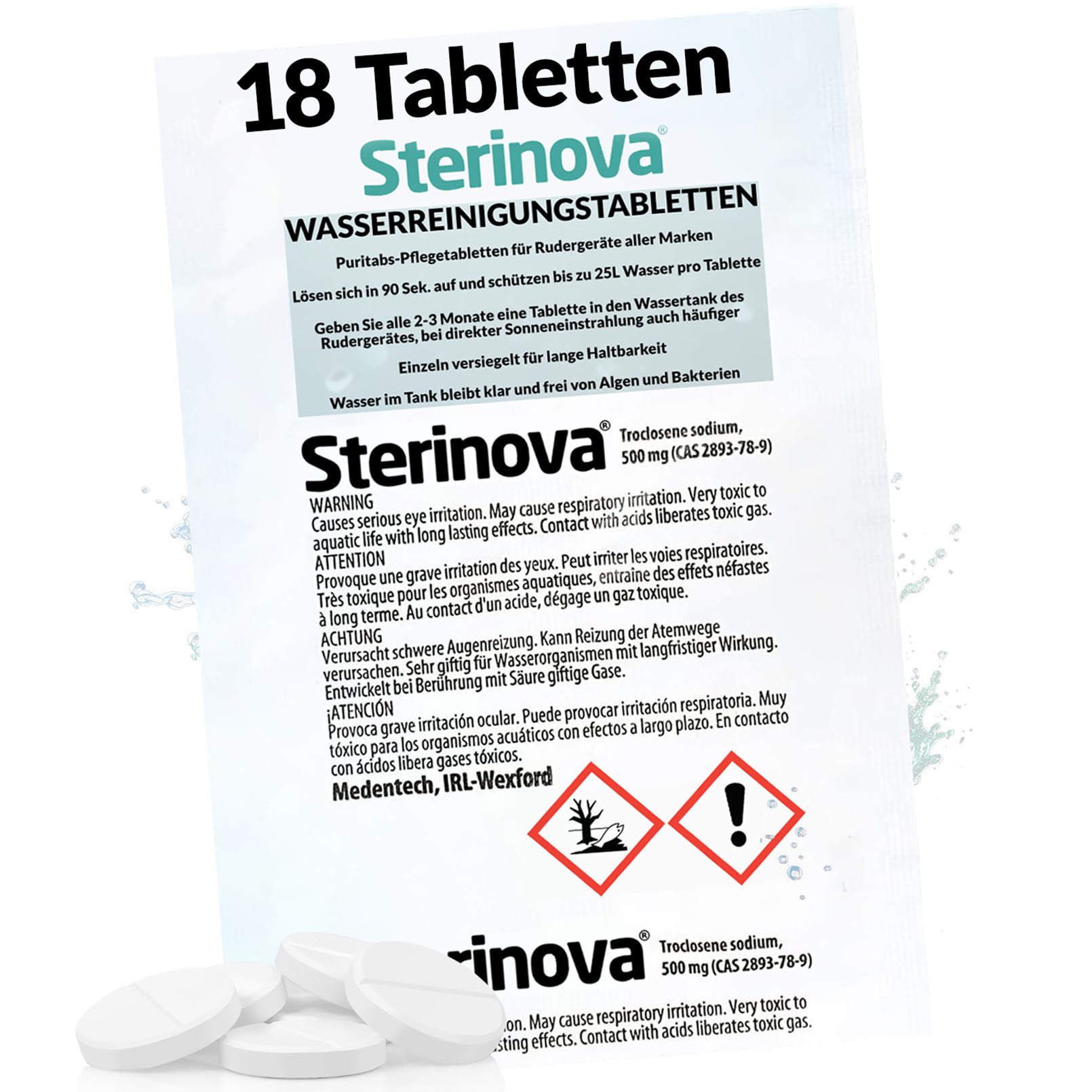 JB White Chlortabletten JB White Puritabs Sterinova 18x Rudergerät Wasser Tabletten je 25L, (Spar-Set, 3x 6 Tabletten), für Waterrower, tötet Bakterien und Algen, entkeimt Trinkwasser