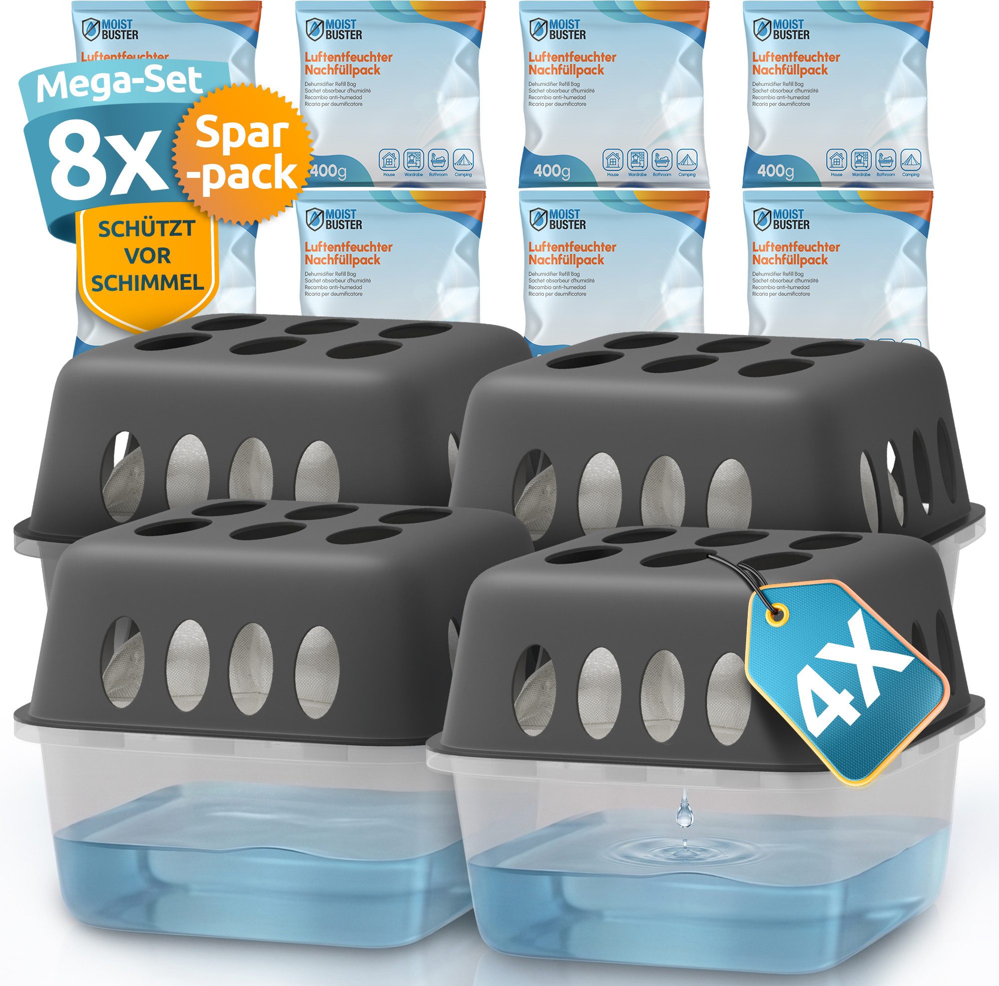MoistBuster Luftentfeuchter ohne Strom, für 88 m³ Räume, Tank 0,6 l, 4x Entfeuchter und 8x Luftentfeuchter Nachfüllpack