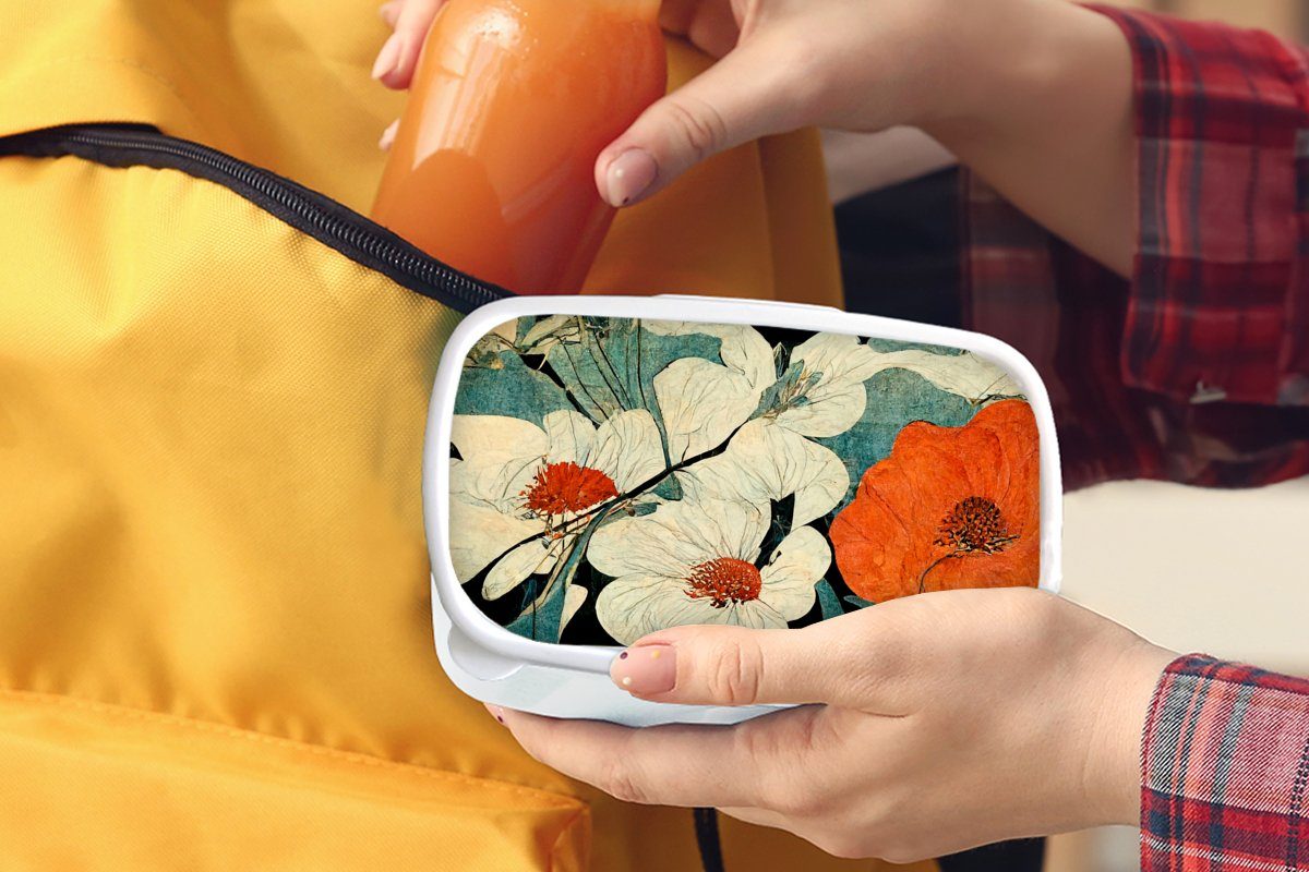 Mädchen Brotdose, - Blumen Orange, für Lunchbox und (2-tlg), - Asien - weiß Vintage für Pflanzen Brotbox und Kunststoff, Erwachsene, Kinder Jungs MuchoWow -
