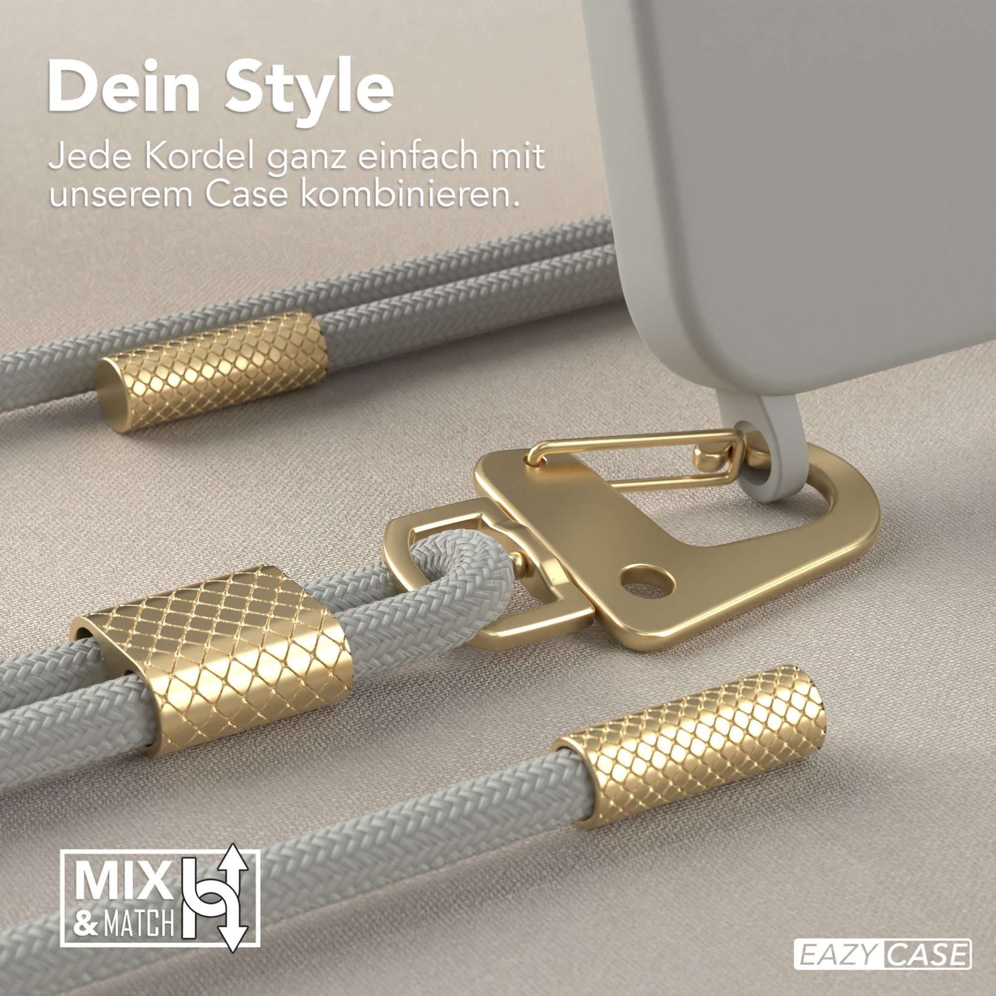 EAZY CASE Handykette Carabiner Chain für Apple iPhone 15 Pro 6,1 Zoll, Schutzhülle zum Umhängen Handyhülle mit Umhängeband Schwarz Grau Taupe