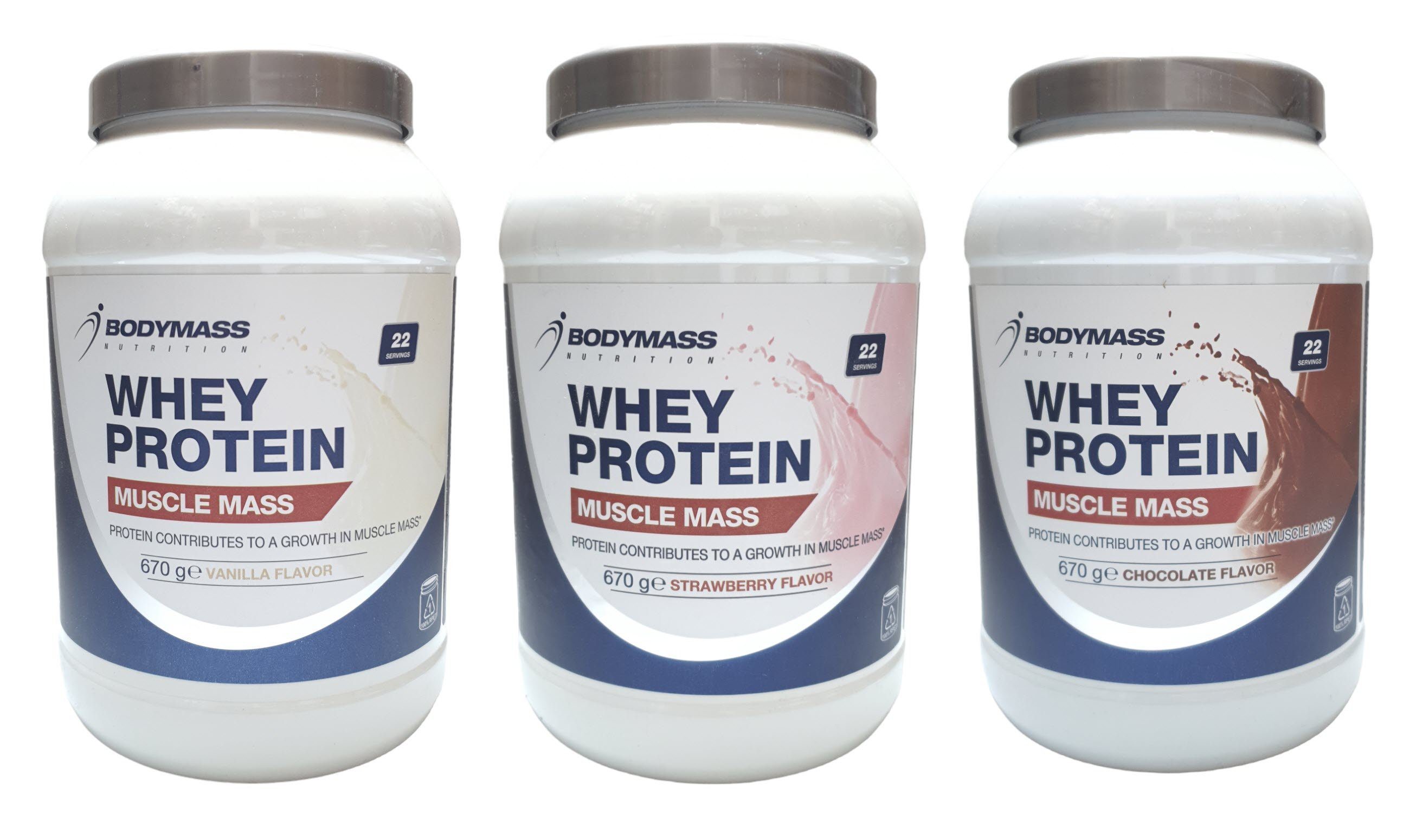Protein Shaker Bodymass Whey Protein 670 g Vanille Erdbeer Schokolade