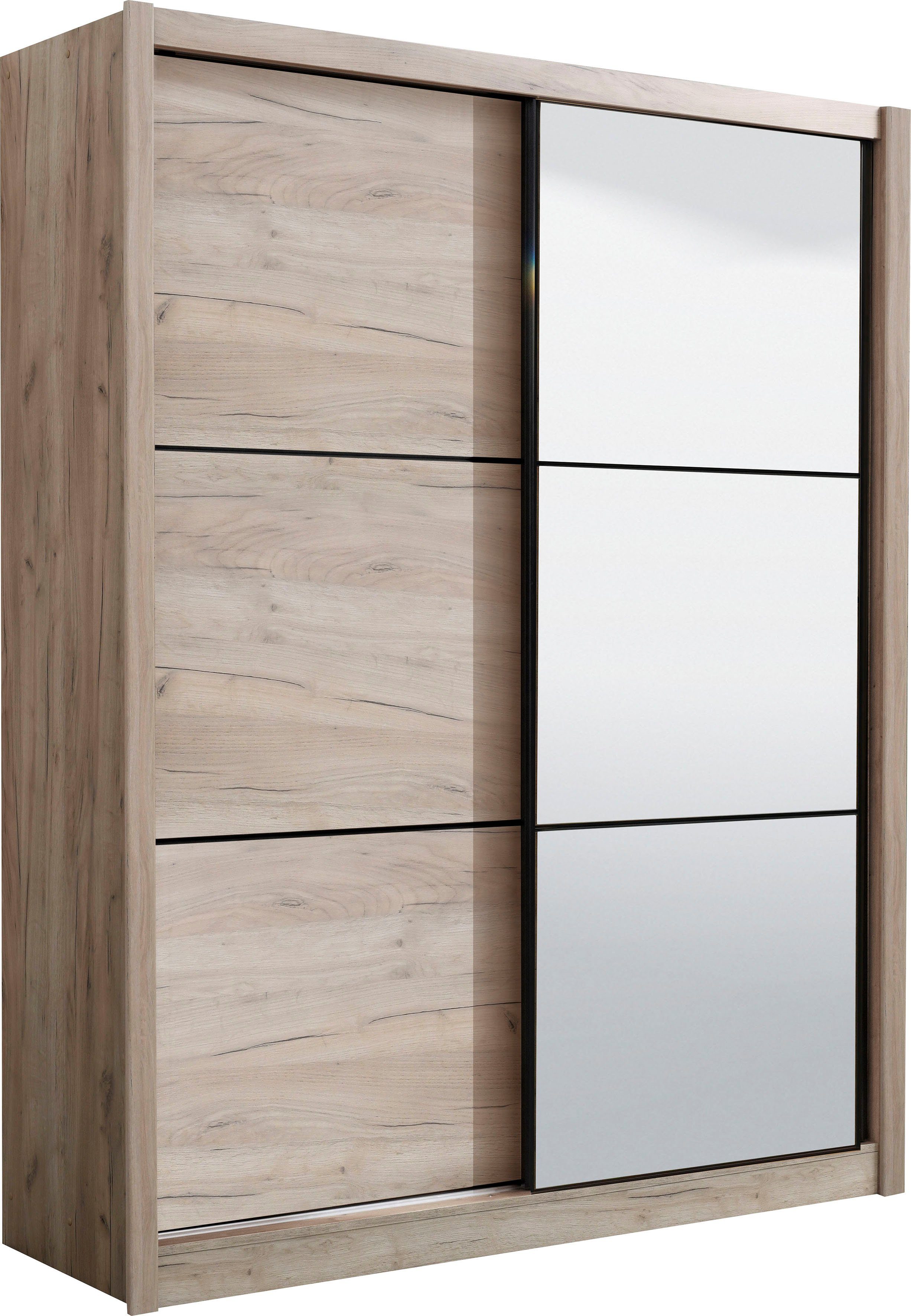 INOSIGN Schwebetürenschrank Navara mit Spiegel Eiche zusätzlichen Eiche Dekor grau Einlegeböden grau | und Dekor