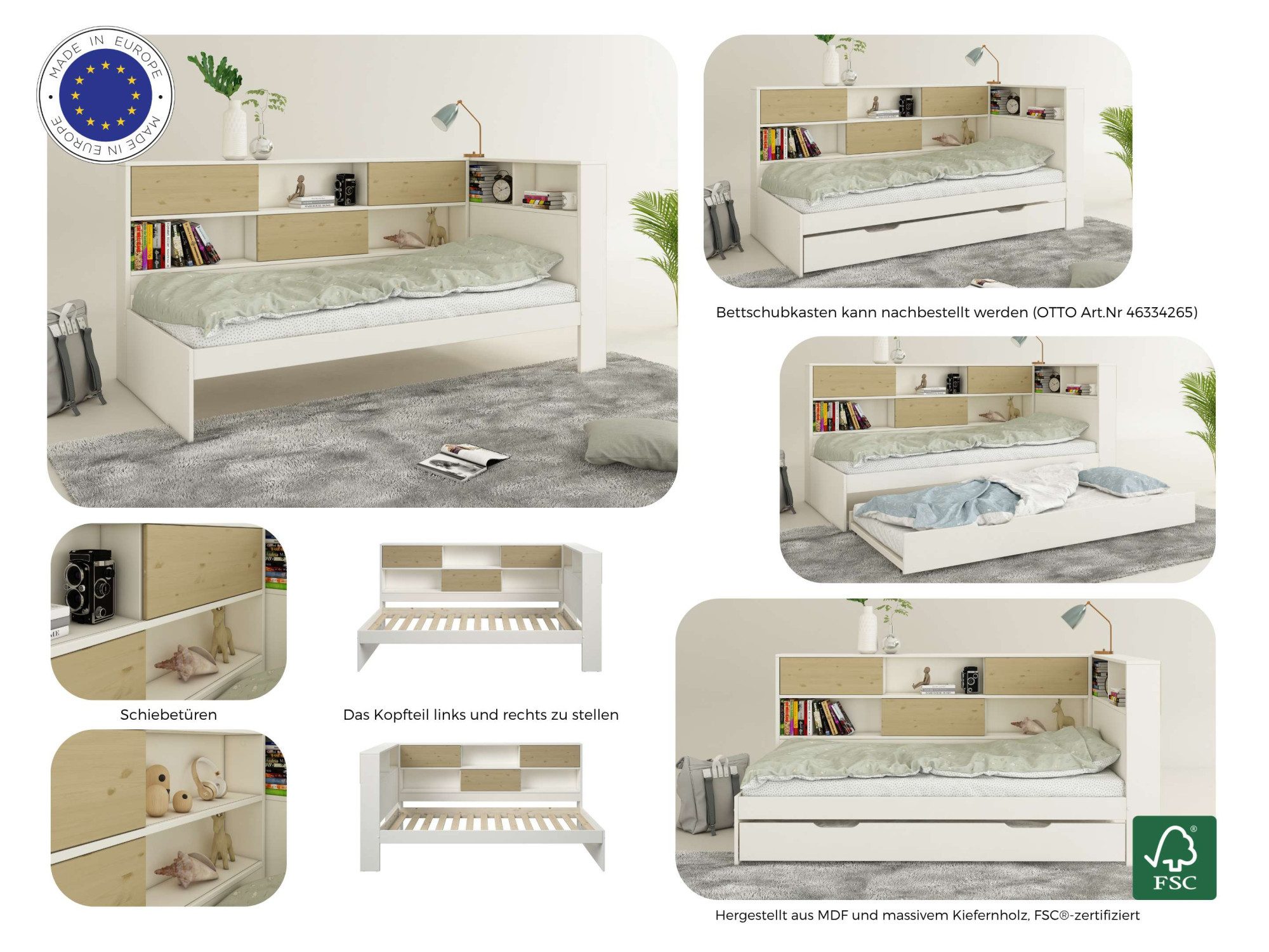 OTTO home Stauraumbett Amance, Kopfteil beidseitig montierbar, stabil und langlebig, Stauraum (Außenmaße B/T/H: 110,2/220,1/106,9 cm), FSC® zertifiziert, inklusive Lattenrost, Made in EU,Massivholz + MDF