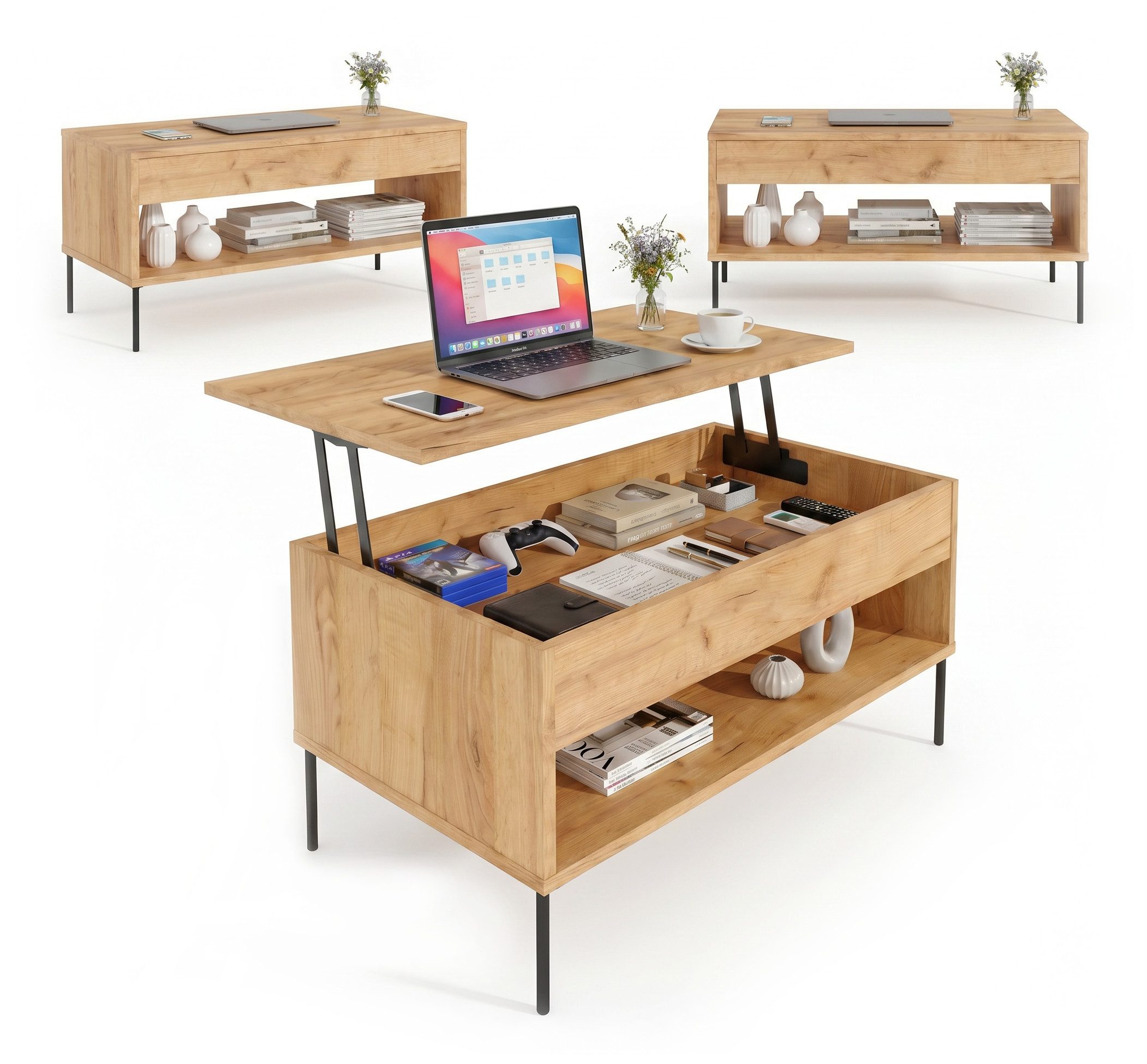 TREND WERK Couchtisch Lift-Sofatisch mit Metallfüßen und Stauraum 92×50 cm, 45-65 cm höhenverstellbar, verstecktem Fach & offener Ablage
