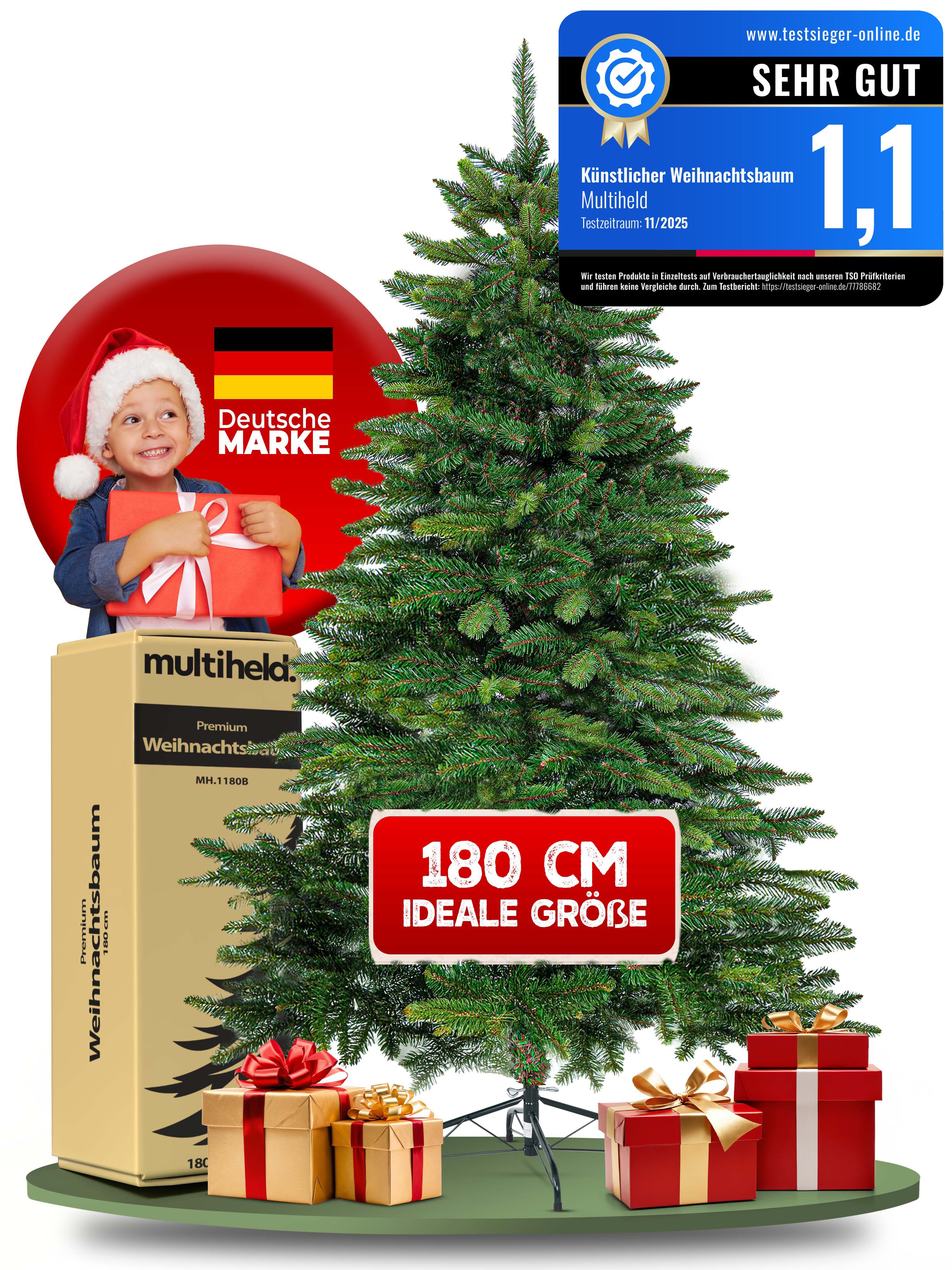Multiheld Künstlicher Weihnachtsbaum 180cm naturgetreuer Tannenbaum für Weihnachten PE Spritzguss& PVC Mix, Eleganter Christbaum, Nordmanntanne, ChristmasTree,kein Nadelverlust