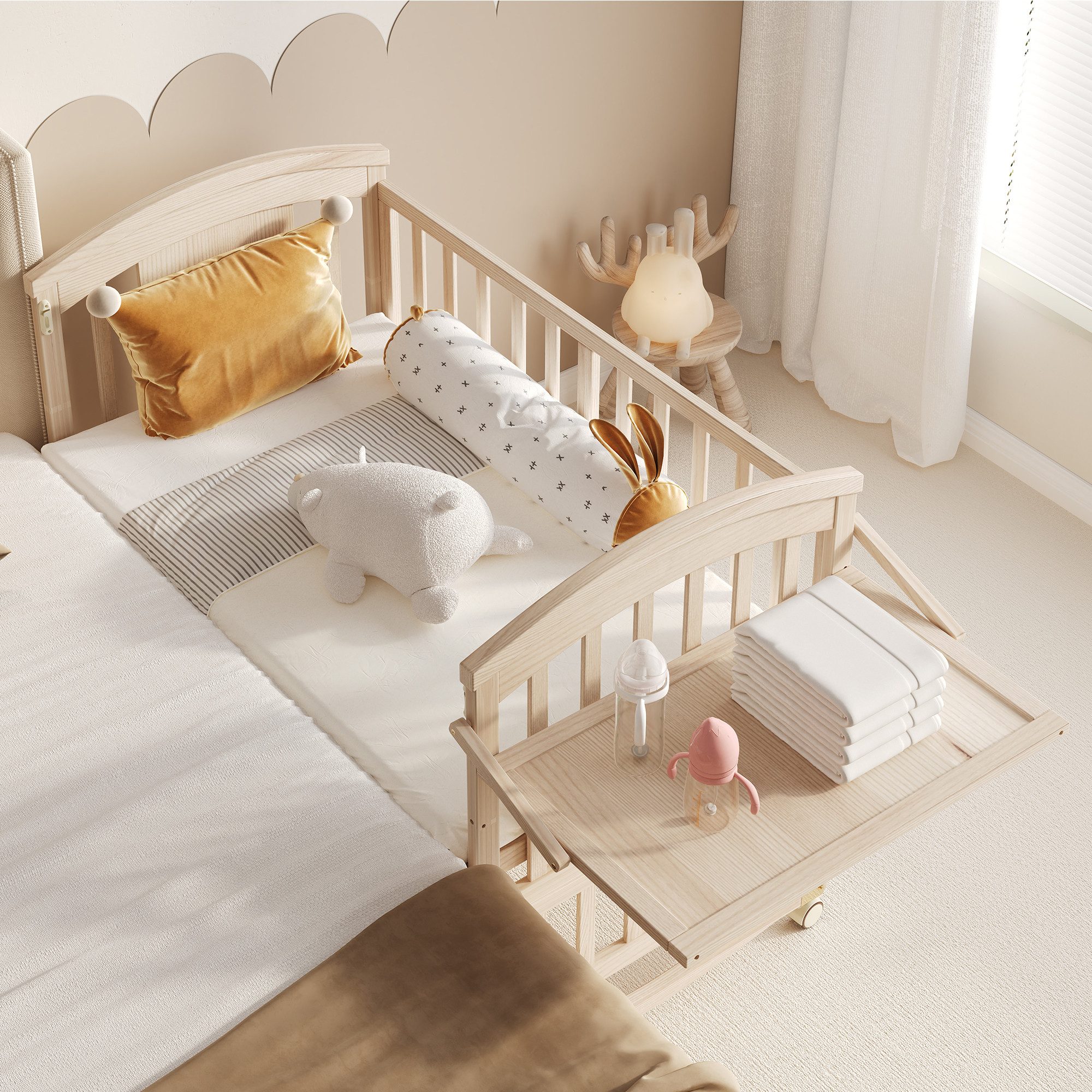 Odikalo Babybett mit Wickeltisch klappbarem Ablagerack, Verlängerbar, als Nebenbett nutzbar, ohne Matratze,120*60*95cm(um 40cm verlängerbar)