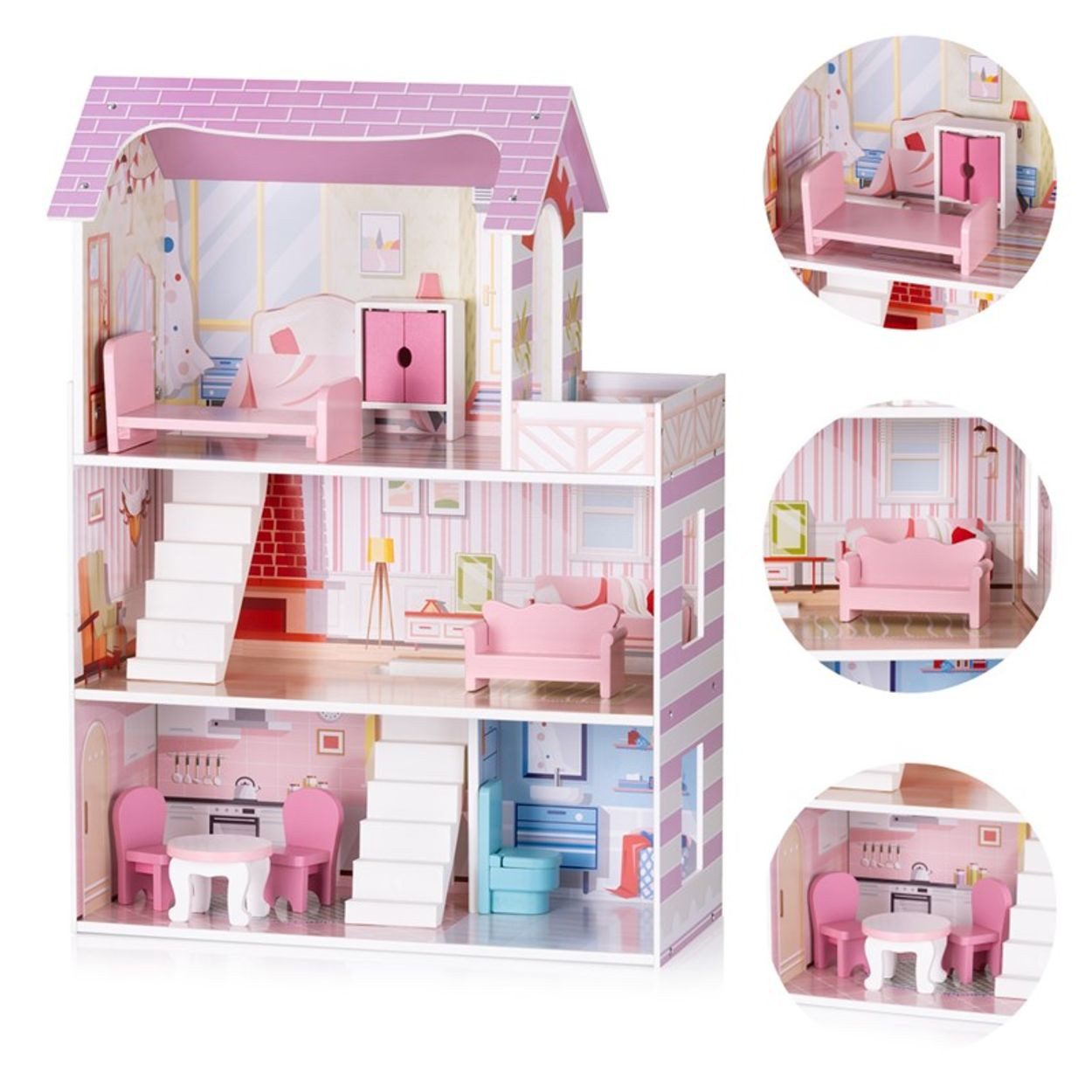 Chipolino Puppenhaus Holz-Puppenhaus 7-teilig, Balkon, Stühle, Tisch, Bett, Sofa, Schrank