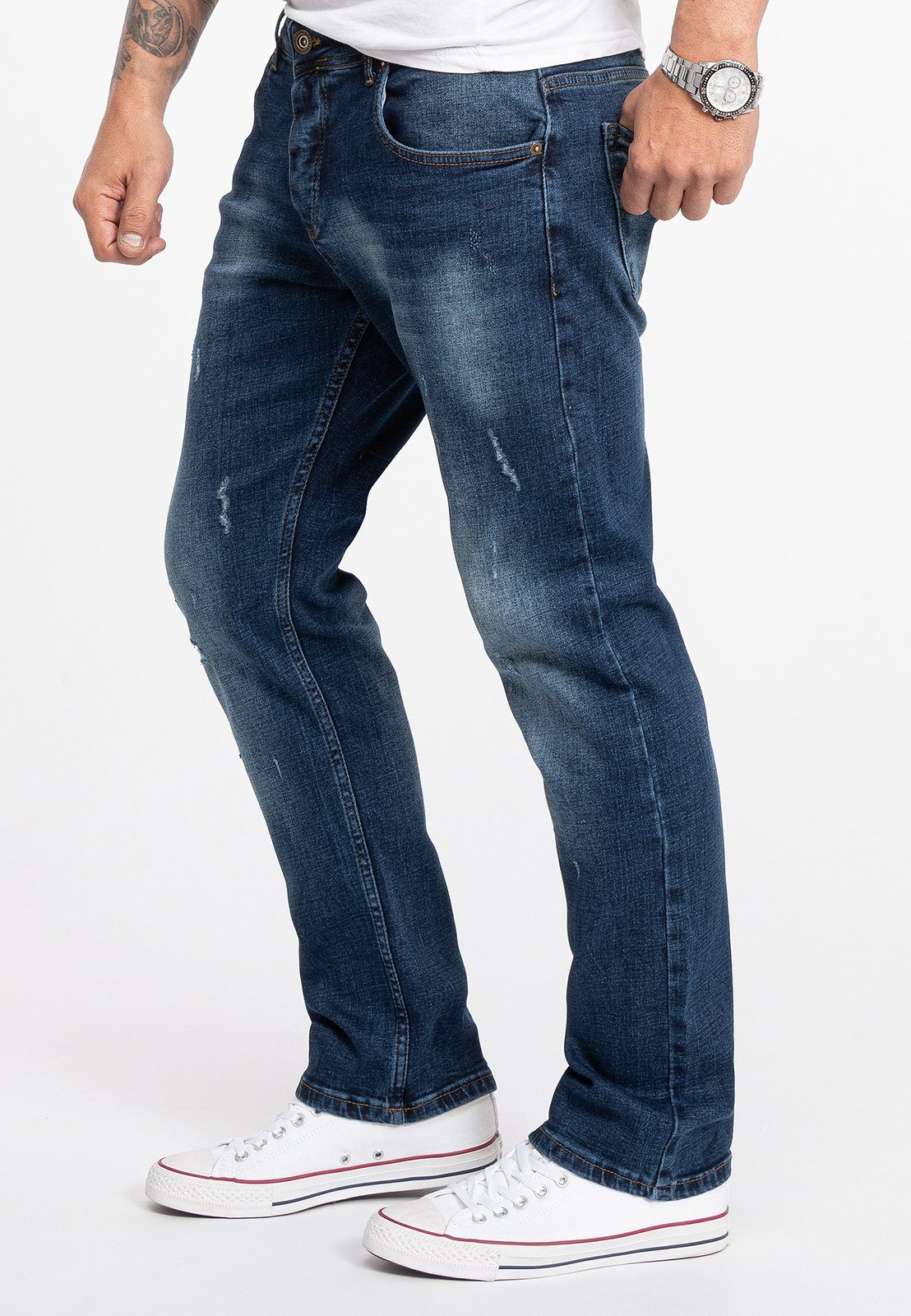Herren Blau Rock RC-2281 Creek Stonewashed Jeans Straight-Jeans