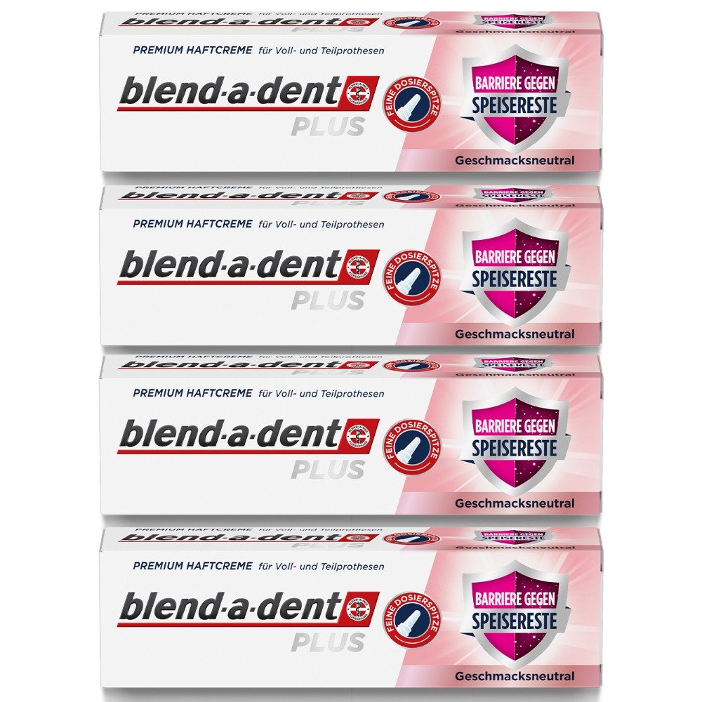 blend-a-dent Zahnpflege-Set PLUS Premium Haftcreme Barriere gegen Speisereste – Geschmacksneutral, 4 x 40g, 4-tlg.