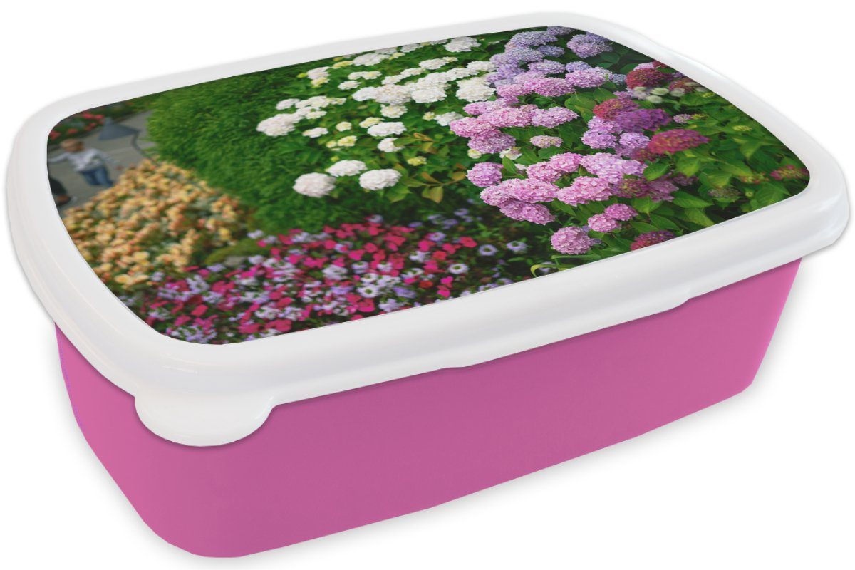 MuchoWow Lunchbox Lebendige (2-tlg), Brotdose Brotbox Kinder, rosa Erwachsene, Snackbox, Hortensienblüten, Kunststoff, Kunststoff für Mädchen