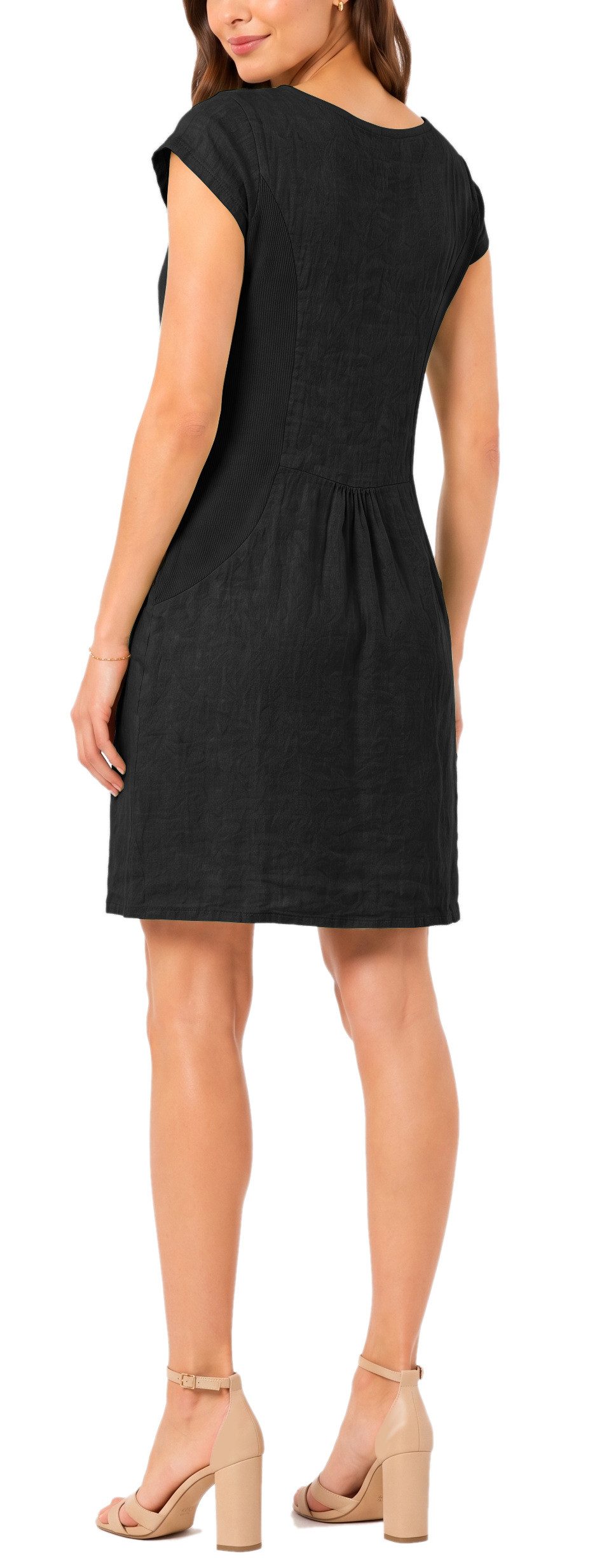 dy_mode Midikleid Einfarbiges Damen Leinenkleid Sommerkleid Kurzarm Midi Kleid in Unifarbe, mit Eingriffstaschen, leicht taillierte Passform