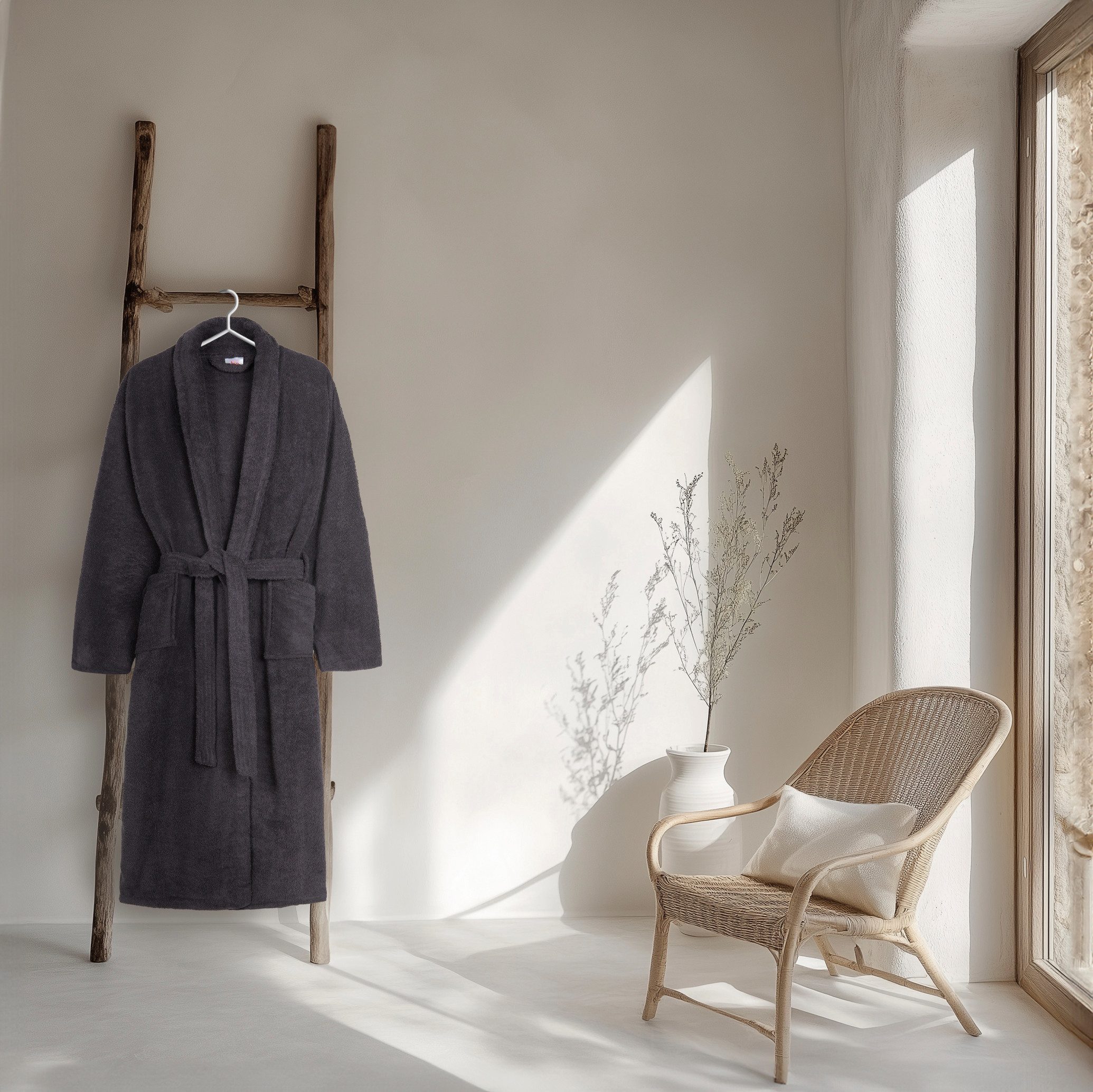 hip Bademantel Hip Bathrobe uni, Midilänge, Walkfrottee, Schalkragen, Gürtel, Schalkragen, Gürtel, Taschen, Damen & Herren, Velours, Glanz