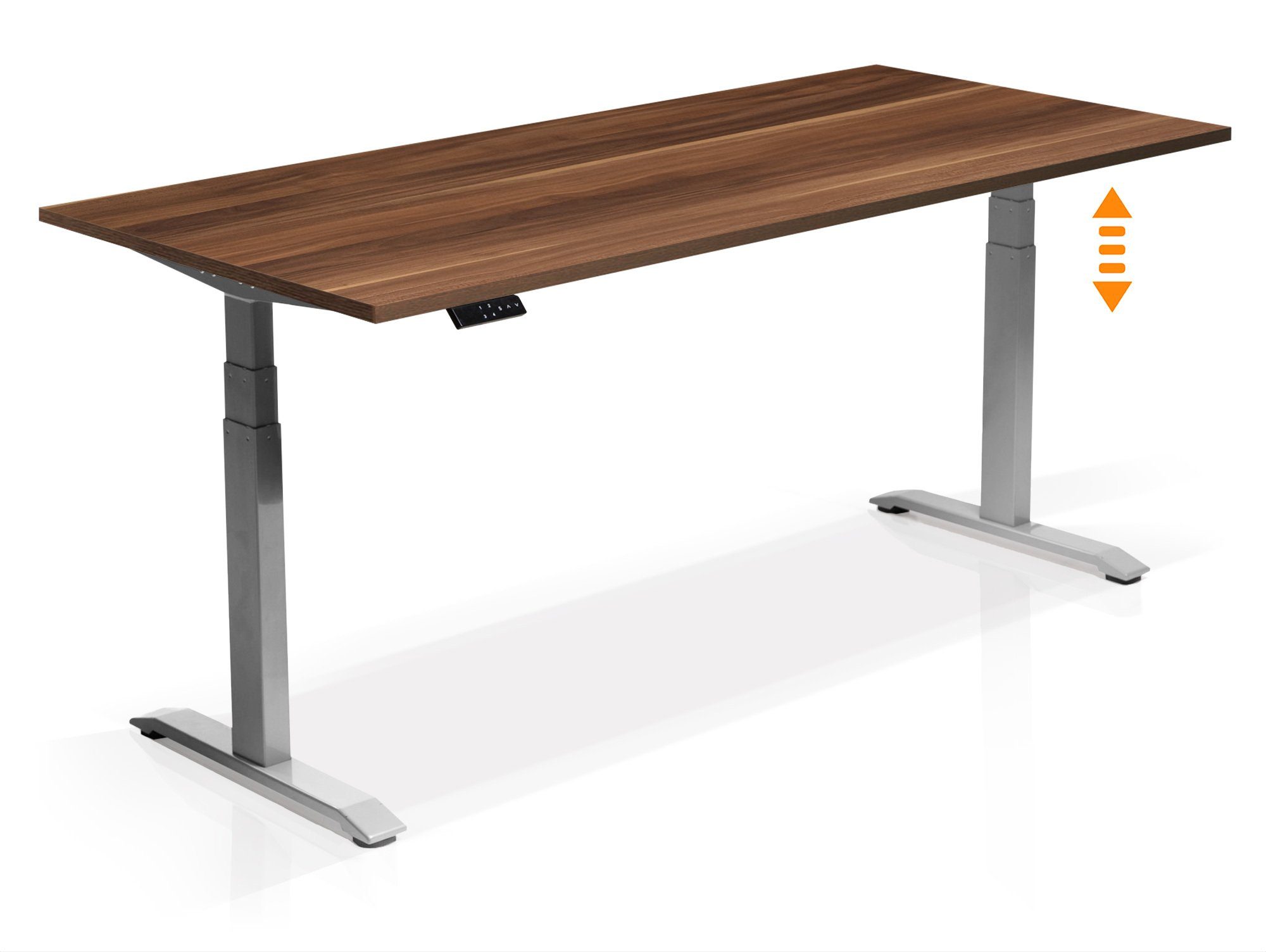 Moebel-Eins Schreibtisch, OFFICE ONE elektrisch höhenverstellbarer Schreibtisch / Stehtisch, Material Dekorspanplatte grau | nussbaumfarbig