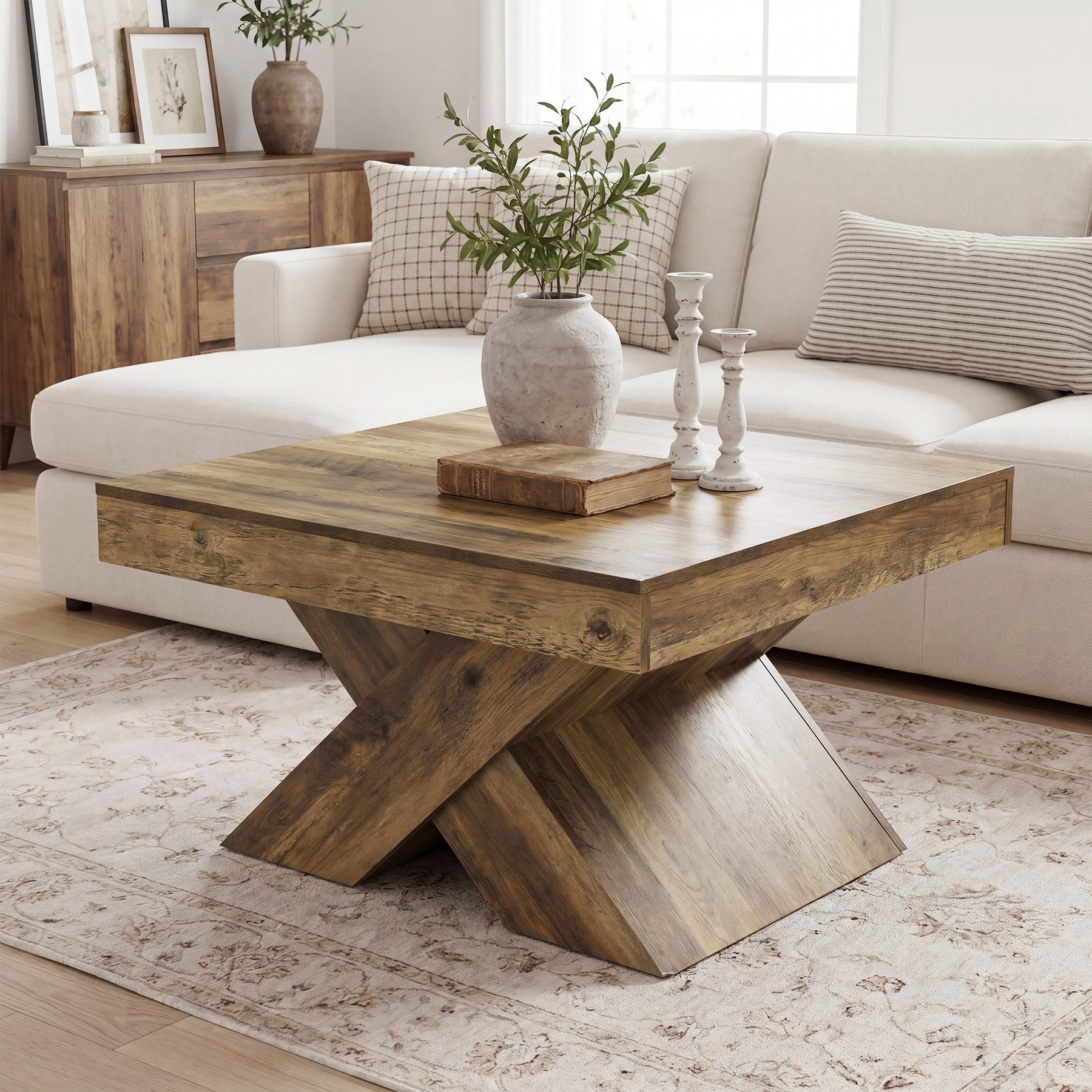 Tribesigns Couchtisch 80 cm Wohnzimmertisch aus Holz mit X-Gestell, rustikaler Beistelltisch