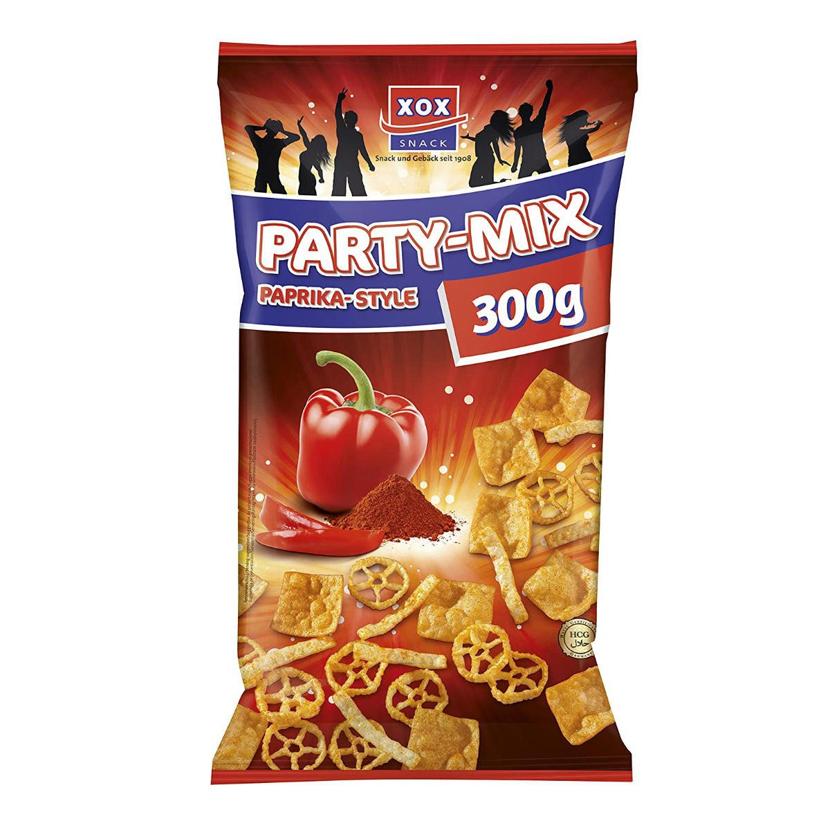 XOX Knabberei, XOX Partymix Paprika Style Kartoffel Weizen Snack feurig würzig 300g