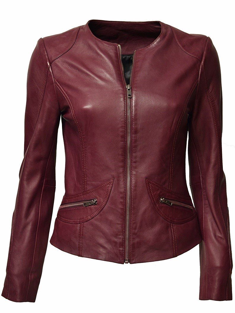 Zimmert Leather Lederjacke Bea (1-St) weiches Lammnappa Leder, Kragenlos, leicht, Cognac, braun, schwarz, rot