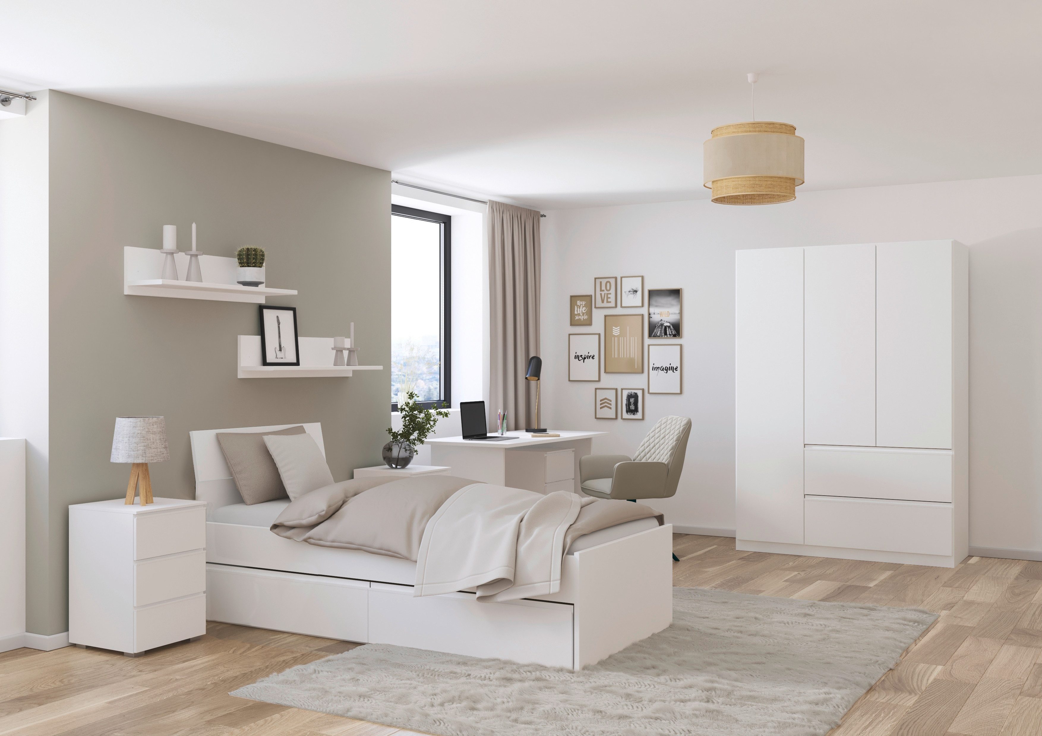möbel-direkt.de Jugendzimmer-Set Joel mit 3 türigem Kleiderschrank in Weiß, (Komplett Set, 5-tlg., in verschiedenen Ausführungen wählbar), Push To Open Funktion der Türen