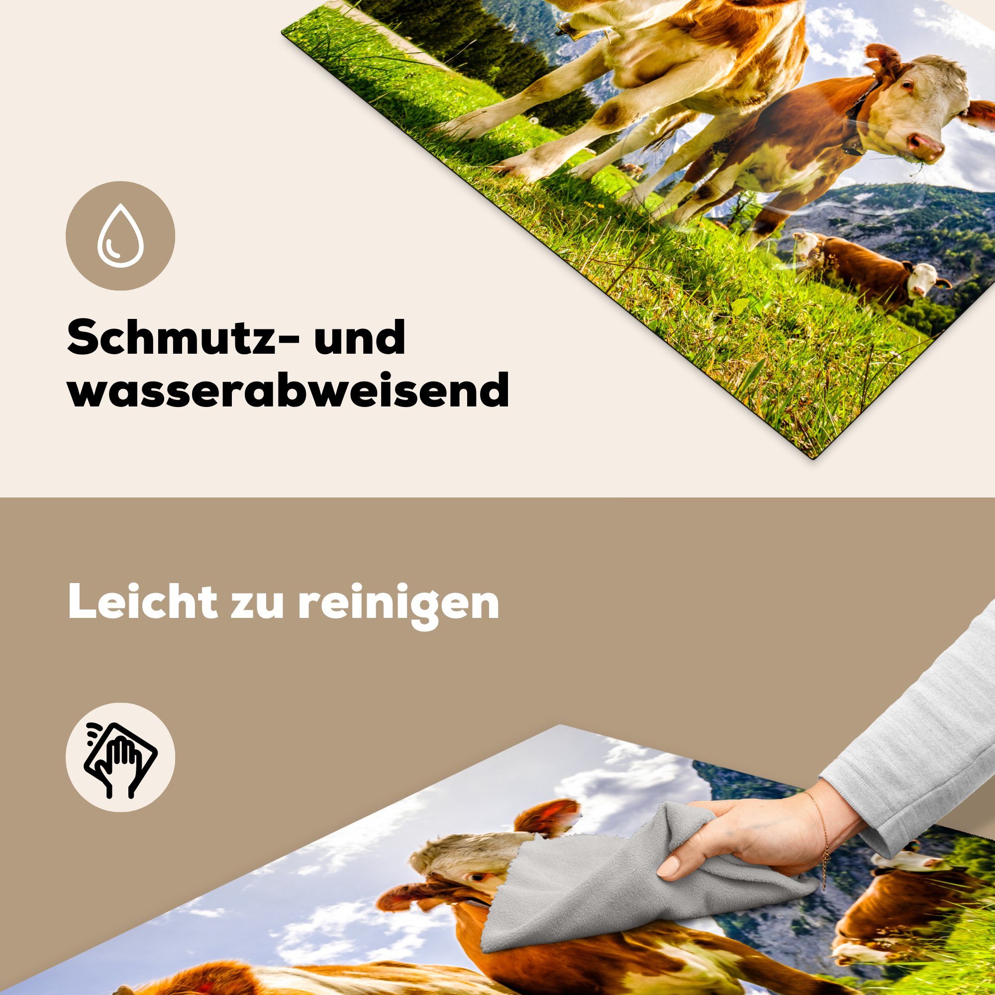 MuchoWow Herdblende-/Abdeckplatte Kühe Schutz - Alpen, - Vinyl, - küche, 81x52 die (1 Induktionskochfeld tlg), - Landschaft Berge für Gras Ceranfeldabdeckung cm