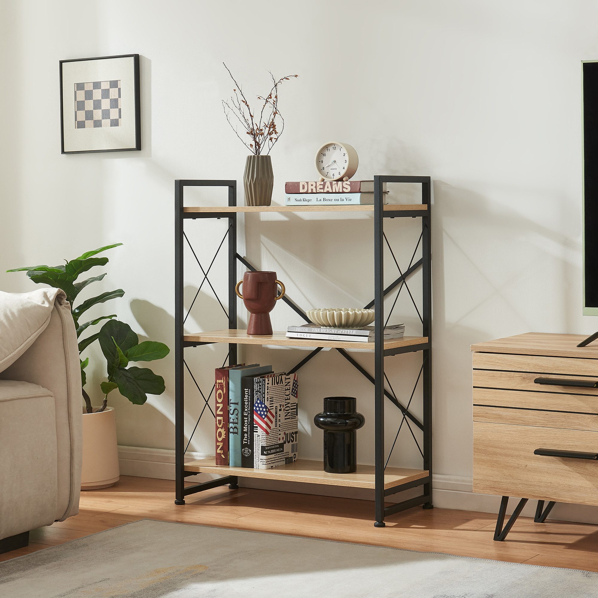 en.casa Standregal, »Skørping« mit 3 Ablagen Metallgestell Schwarz/Eicheoptik