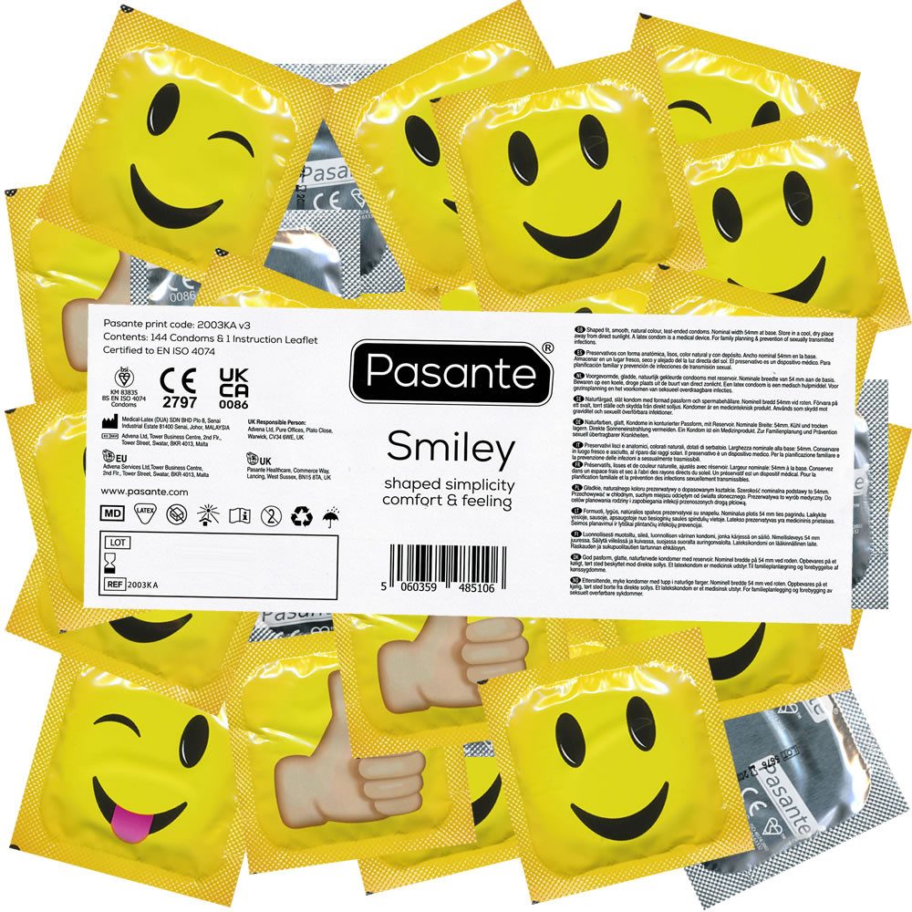 Pasante Kondome Smiley (Motivkondome mit freizügiger Comfort-Form) Packung mit, 144 St., witzige Kondome, ideal für Junggesellenabschiede, Geschenk für Männer, Vorratspackung, bedruckte Siegelfolien