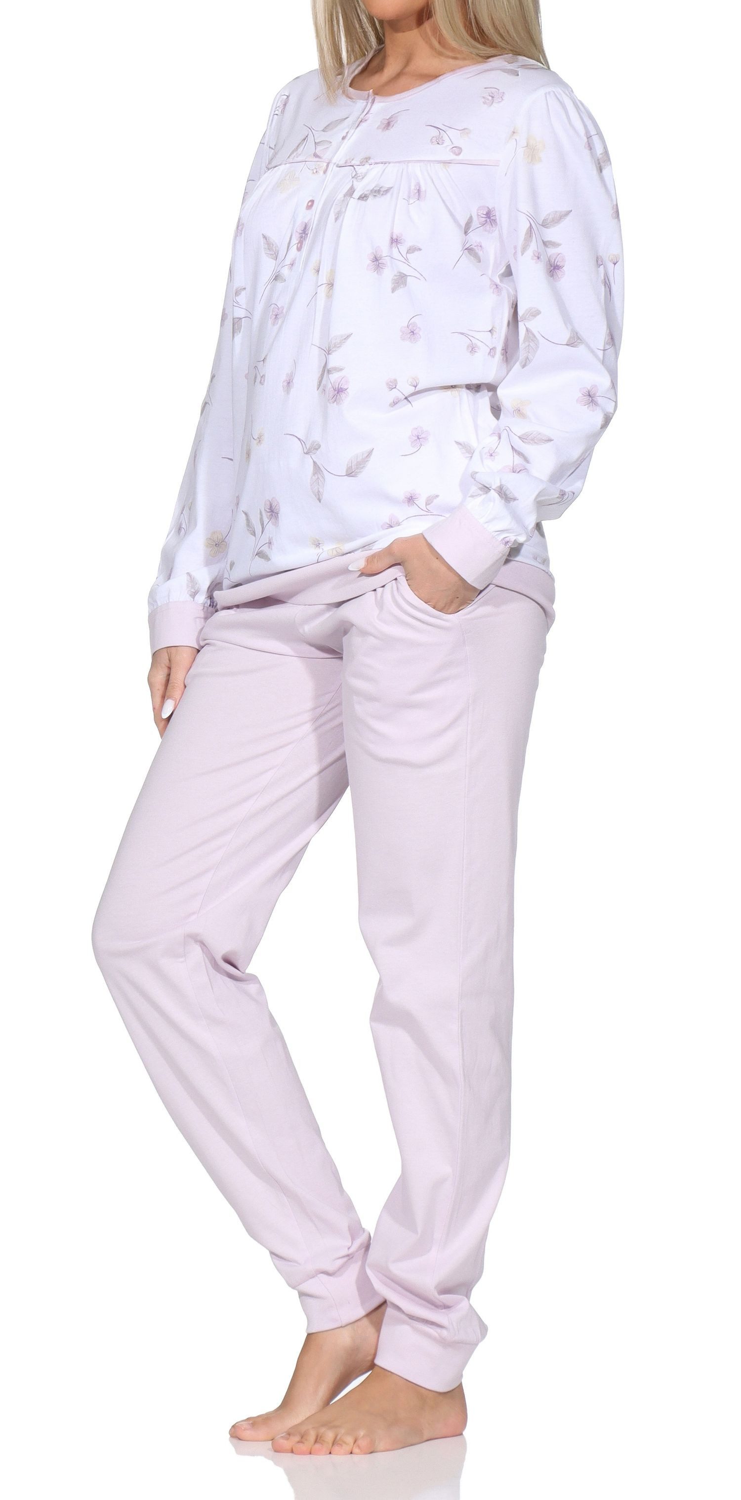 Normann Pyjama Damen fraulicher Langarm Schlafanzug mit Bündchen im klassischen Look – Bild 3 von 5