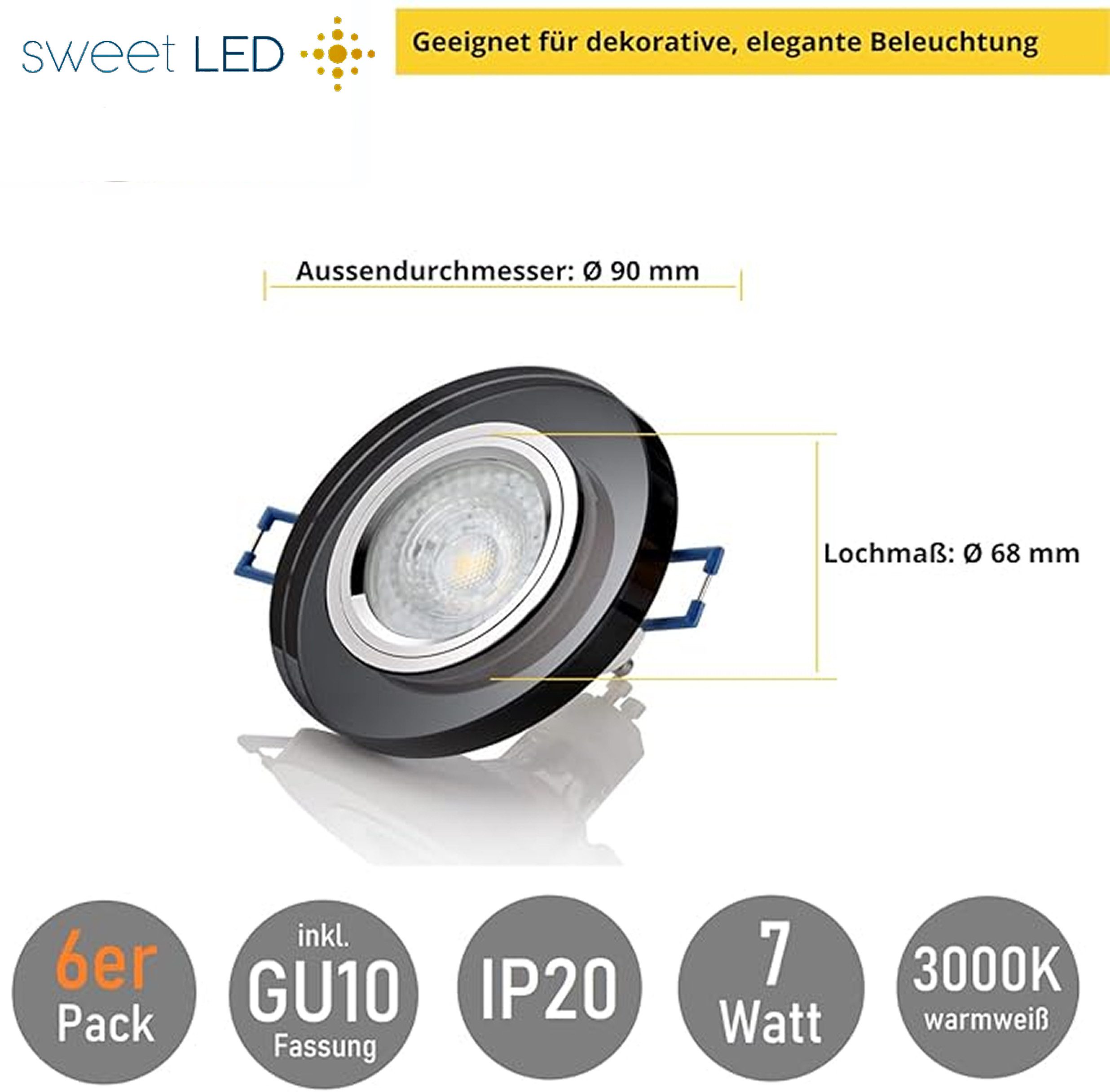 Sweet LED LED Einbaustrahler 6er SET Einbauleuchten GU10 7W 230V LED Deckenspots 3000K Glas Schwarz, 3000K, Warmweiß, Deckenspots, Ø 90 mm, Einbauleuchten