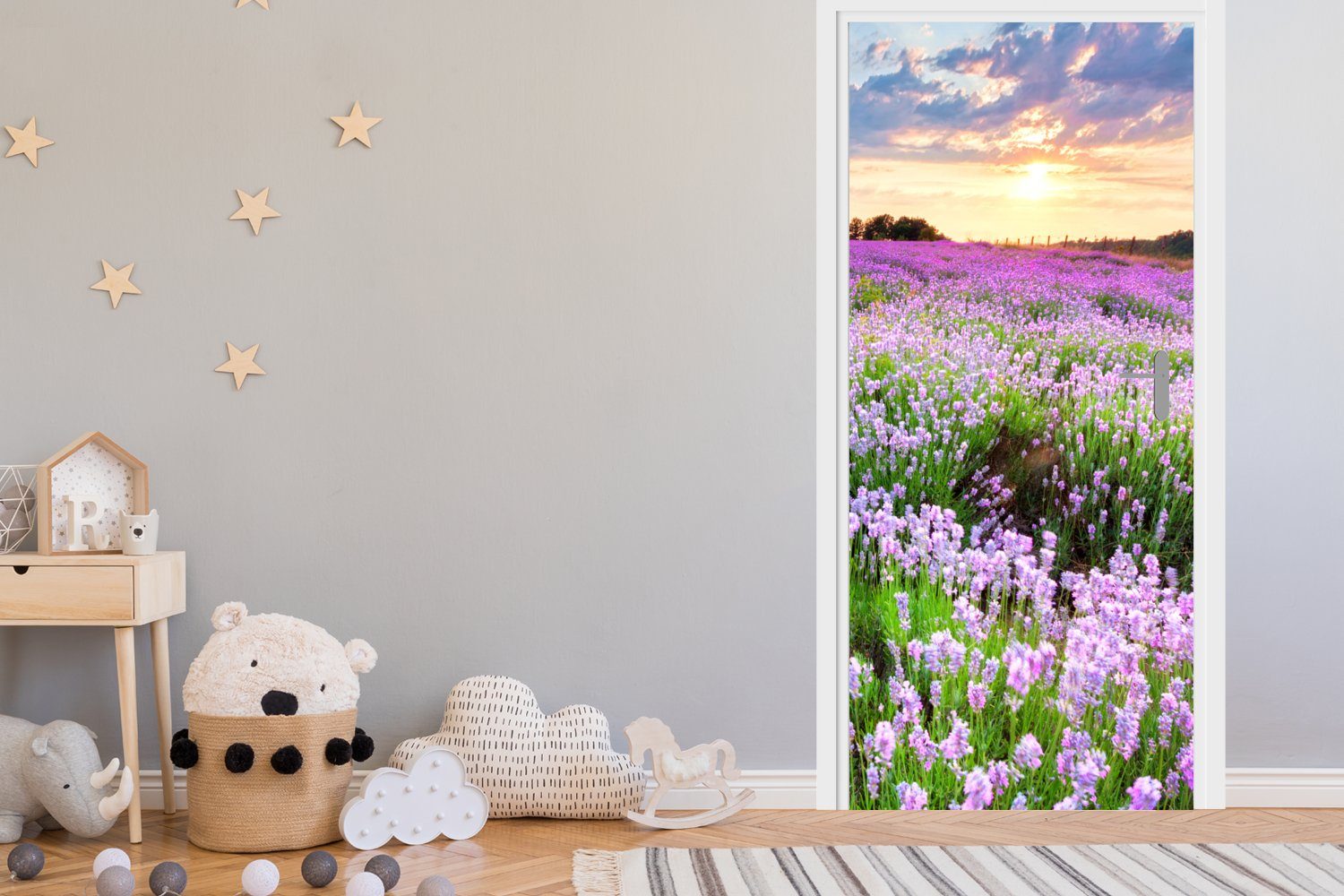 Lavendel (1 - Sonnenuntergang St), Himmel cm MuchoWow Matt, Blumen - 75x205 - Fototapete Natur, - - bedruckt, Tür, Lila für - Türaufkleber, Türtapete Wiese
