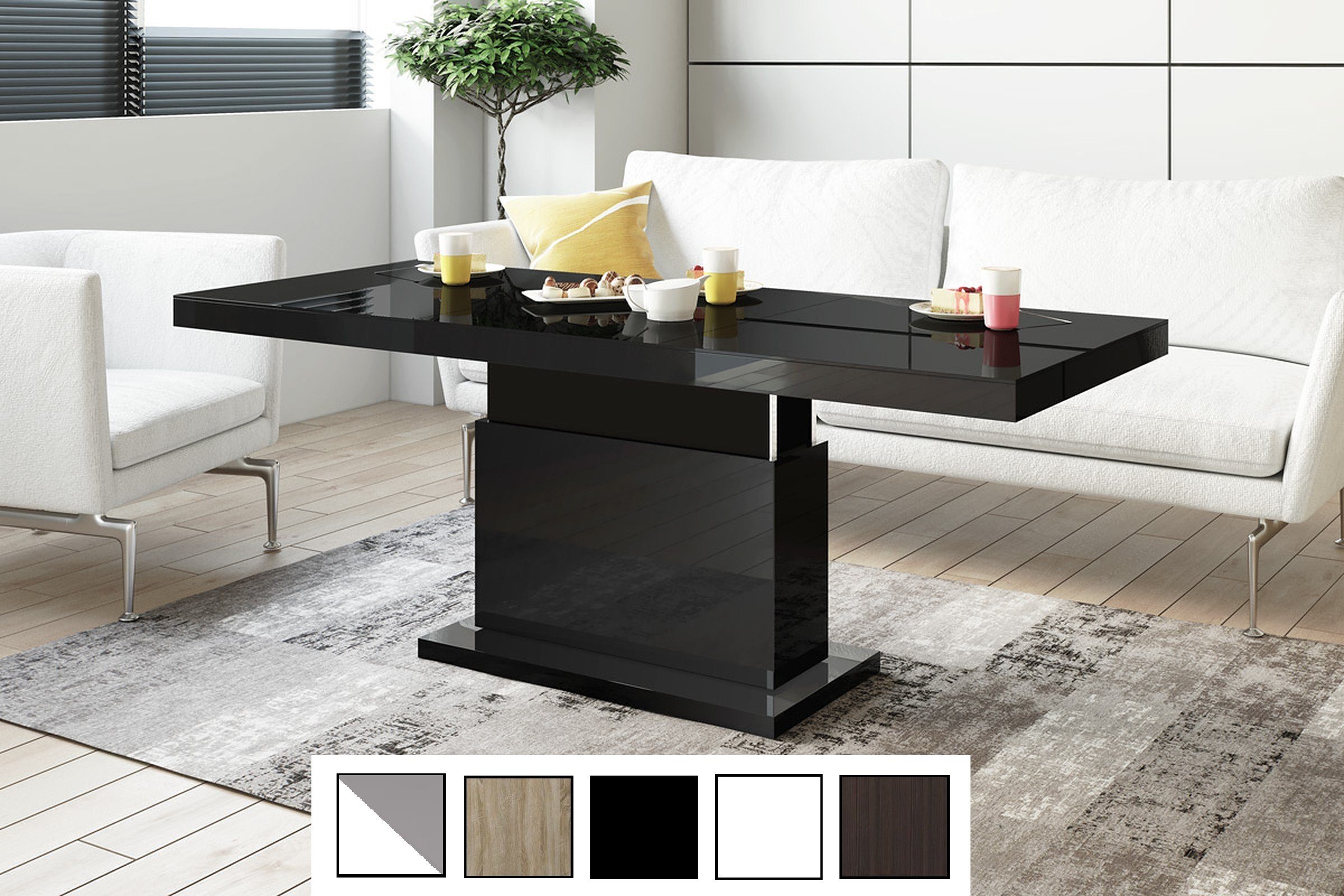 designimpex Couchtisch Matera Lux H-333 Schwarz Tisch ausziehbar Hochglanz höhenverstellbar
