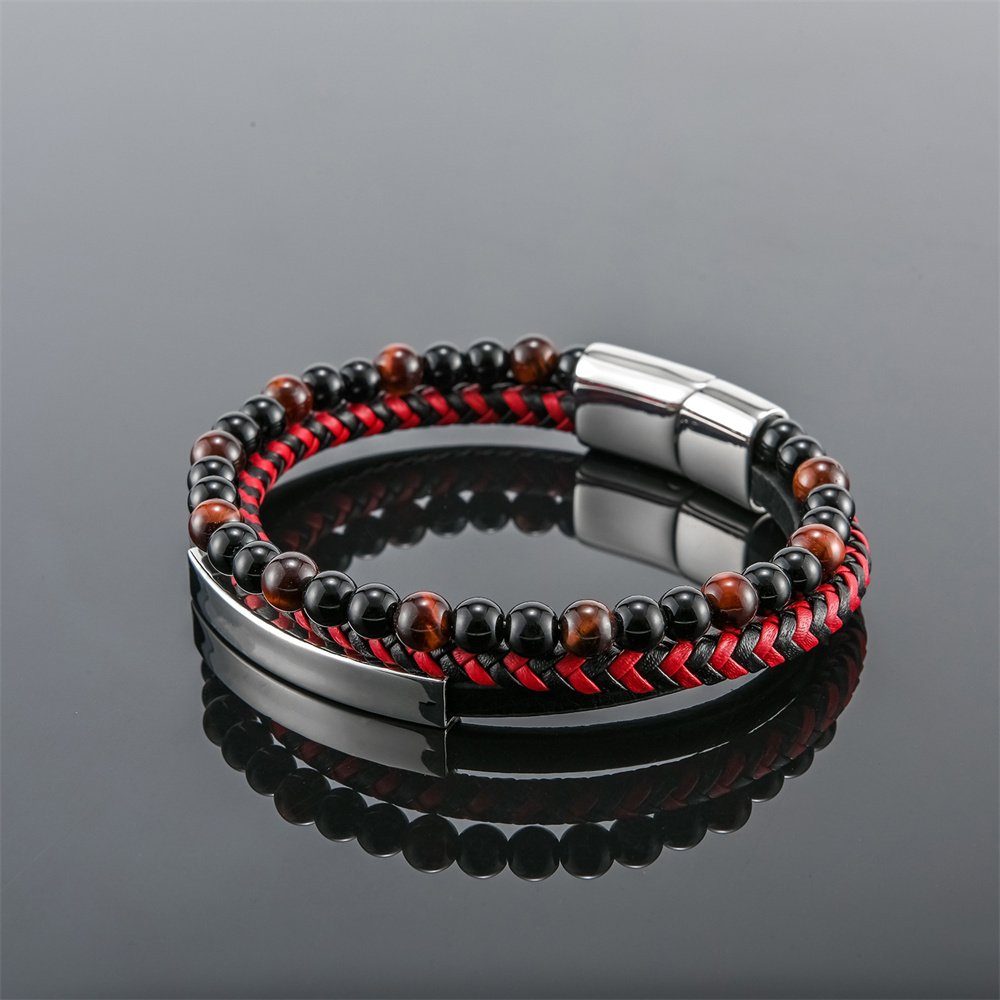 Armband gewebtes Mode zwei Lagen Herrenarmband, Rot Lederarmband Perlenarmband, Rouemi