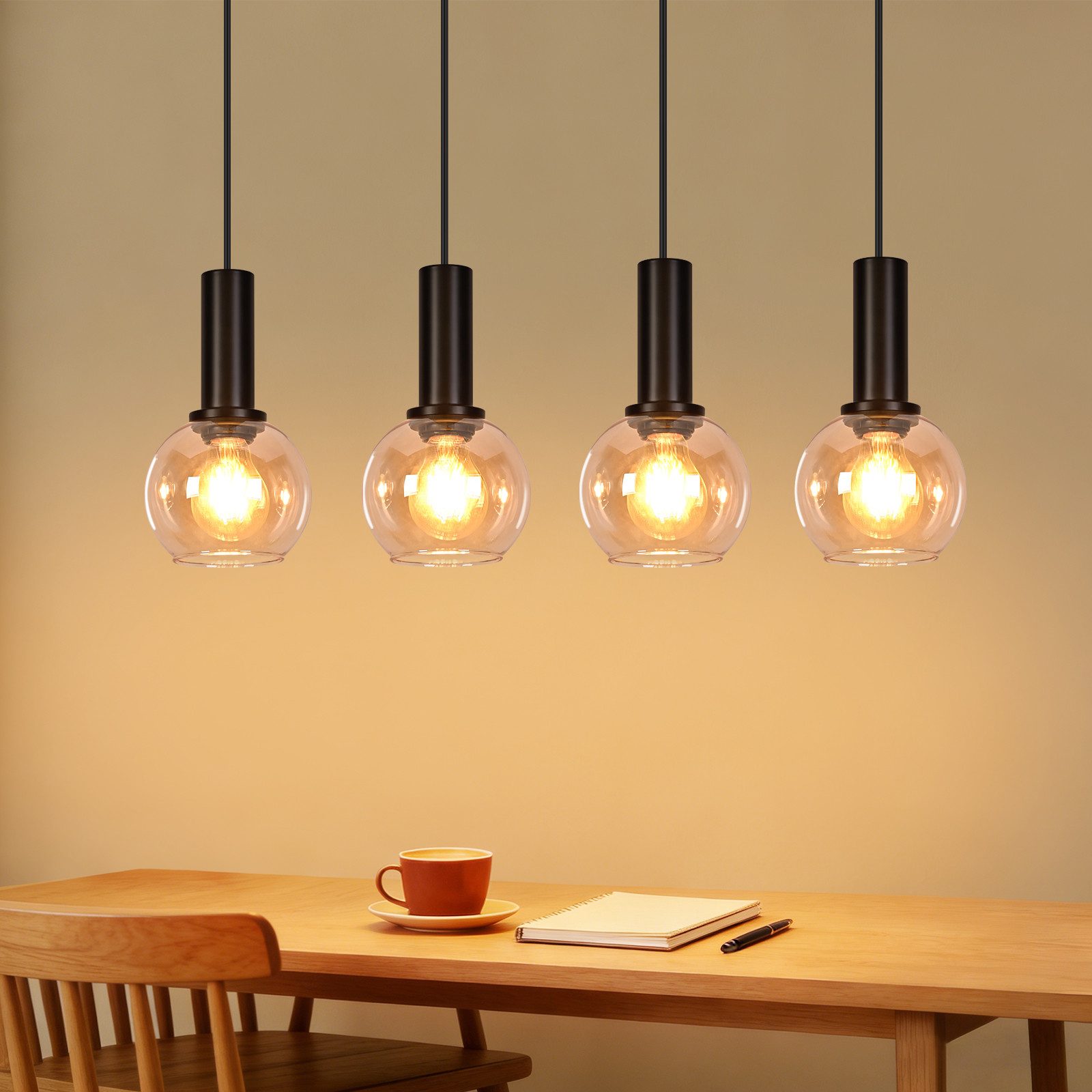 Nettlife Pendelleuchte Vintage Esstisch Glas Schwarz Industrial E27 Wohnzimmer, Höhenverstellbar, LED wechselbar, Esstischlampe für Wohnzimmer Küche