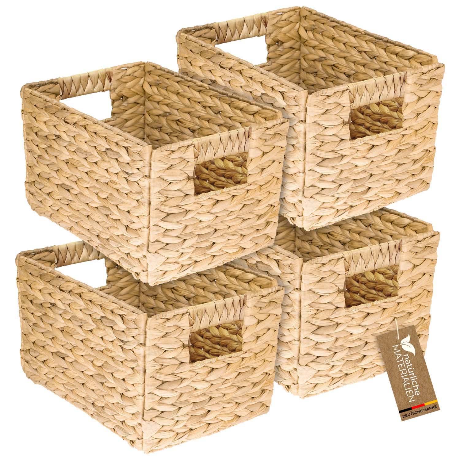 HMF Aufbewahrungskorb Aufbewahrungskorb Wasserhyazinthe, Korb mit Griffen zur Aufbewahrung (4 St., 4er Set), für Badezimmer Küche und Wohnbereich, Größe M, 32 x 23 x 20 cm, Natur