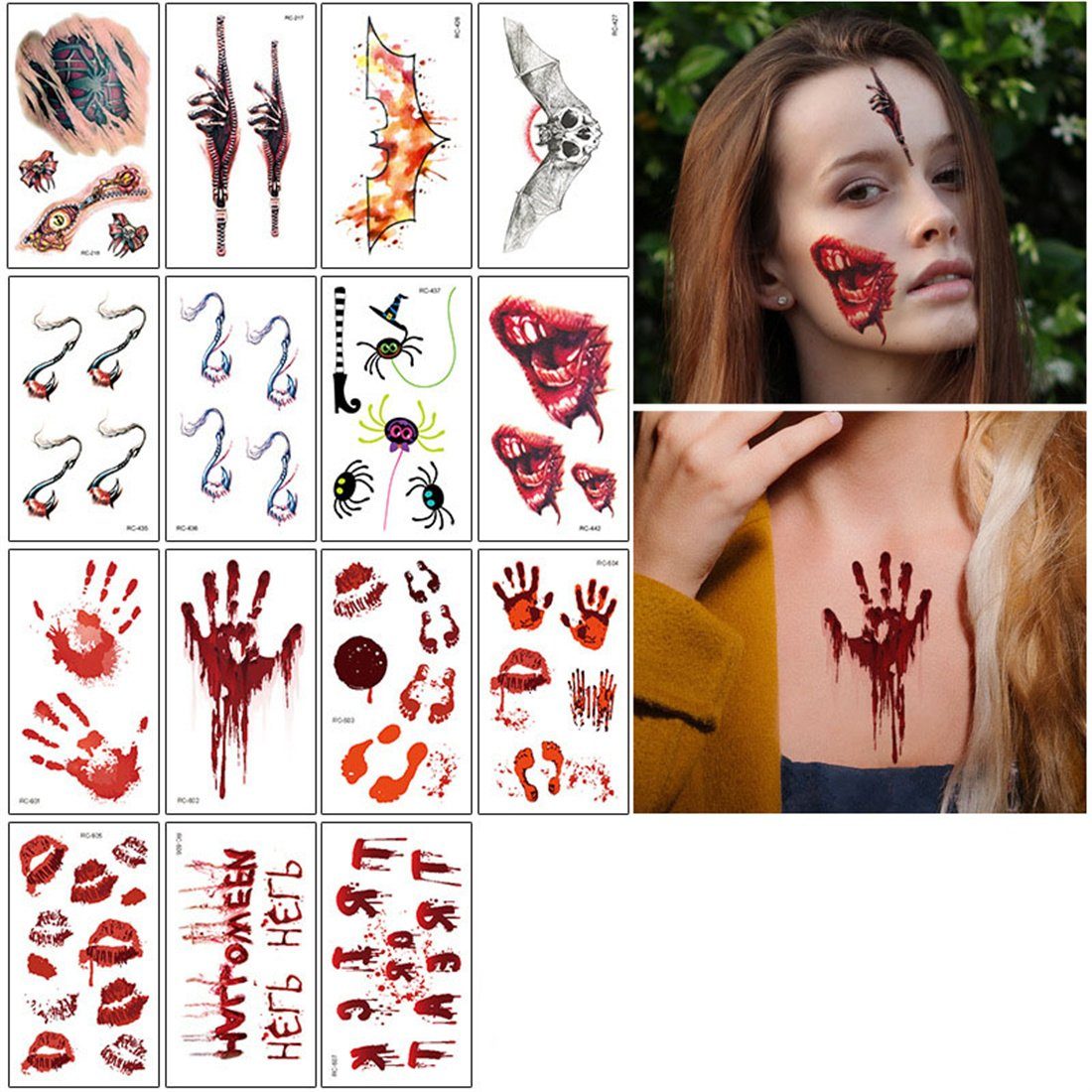 DÖRÖY Schmuck-Tattoo Halloween Narben Tattoo Aufkleber 15 Stück, Horror Tattoo Aufkleber. C( 15 Stück)