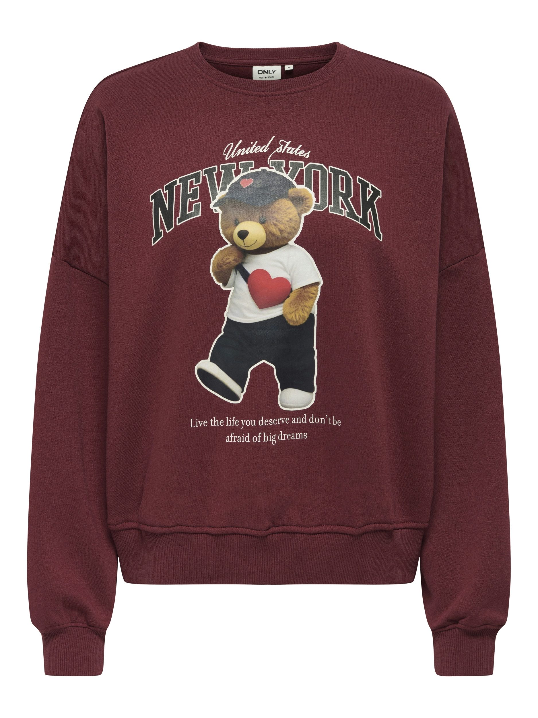 T-Shirt ONLLINDA L/S BEAR O-NECK BOX CS SWT, Cabernet/New york teddy