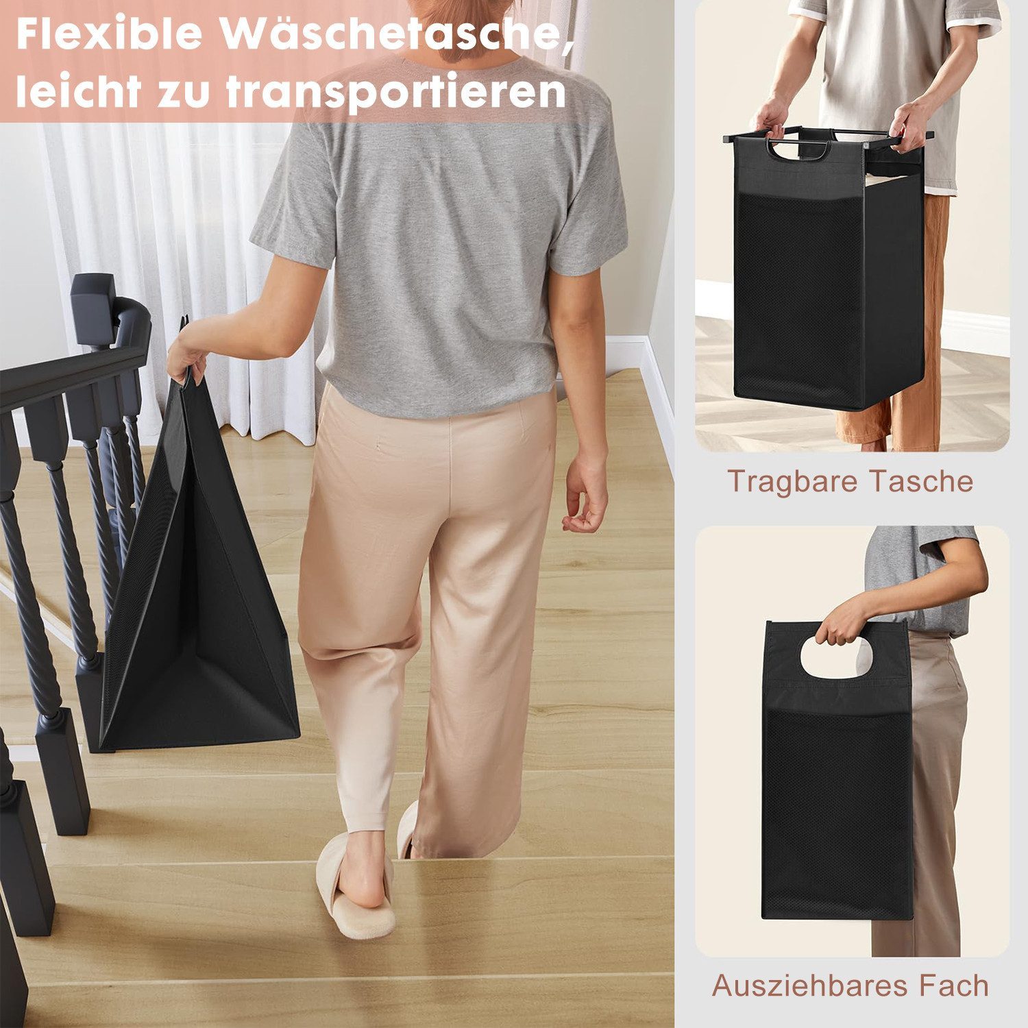 SURFOU Wäschekorb mit Rollen Wäschesammler Beweglicher Wäschewagen (2 St., mit Ablage Wäschebox Wäschesack aus Oxford-Gewebe Waschesammelboxaus), aus Oxford-Gew – Bild 4 von 5