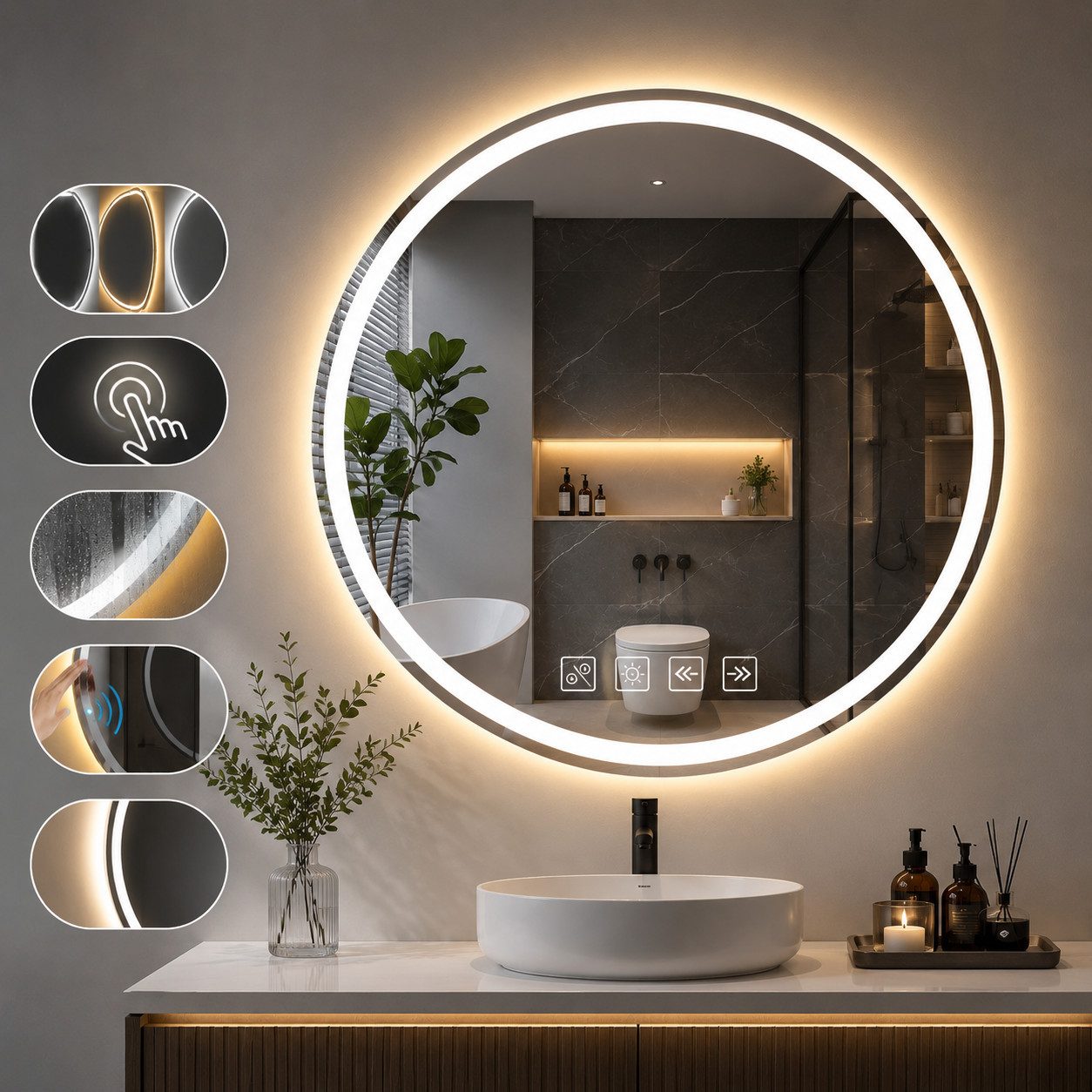 Nagham Ghazal Aswad Badspiegel LED-Spiegel für Badezimmer, LED Spiegel mit Bluetooth-Lautsprecher und Antibeschlagfunktion