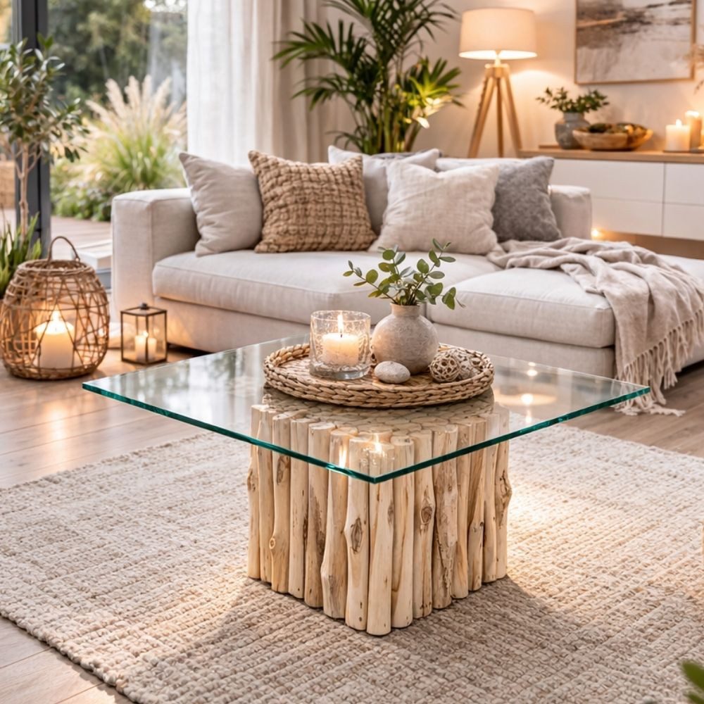 LebensWohnArt Couchtisch Teak Couchtisch NICO Natural inkl. Glasplatte 70x70cm