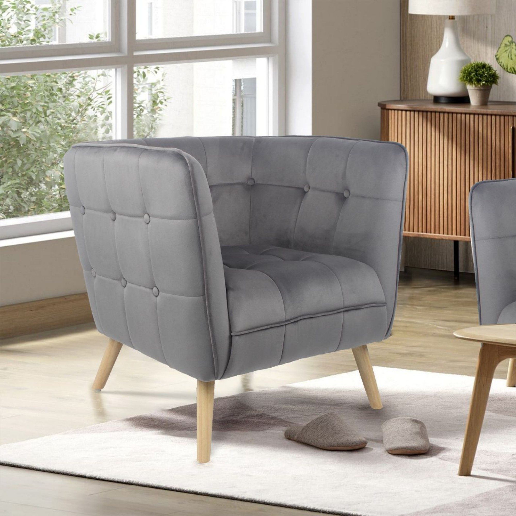 Happy Home Sessel Moderner Sessel mit Armlehne aus Samtbezug grau