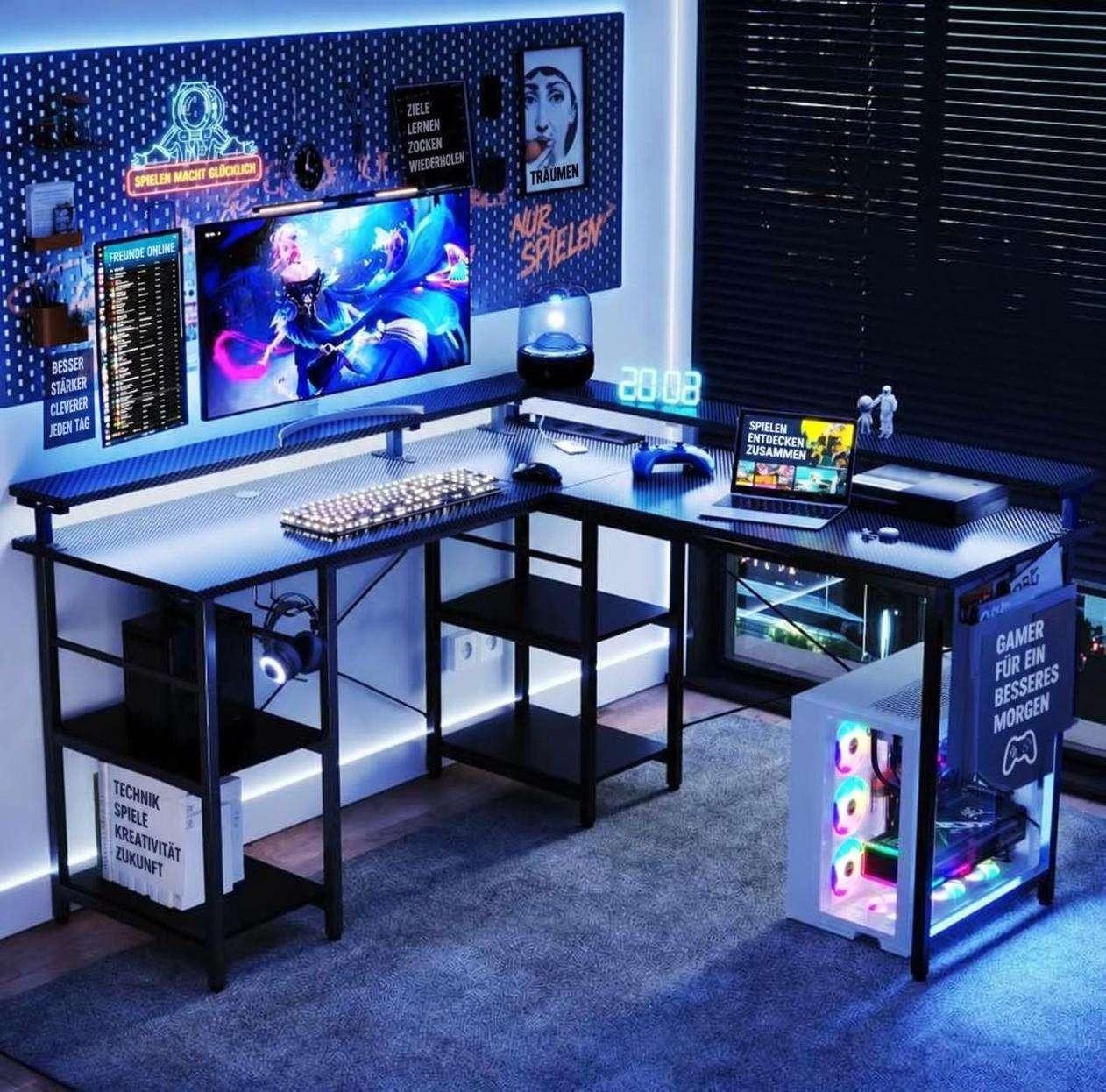 Aiorber Computertisch Aiorber-Cabrio L-Schreibtisch Schwarz mit RGB LED und Stauraum, L-förmig, umkehrbarer Aufbau, Monitorständer, Kopfhörerhaken – Bild 3 von 5
