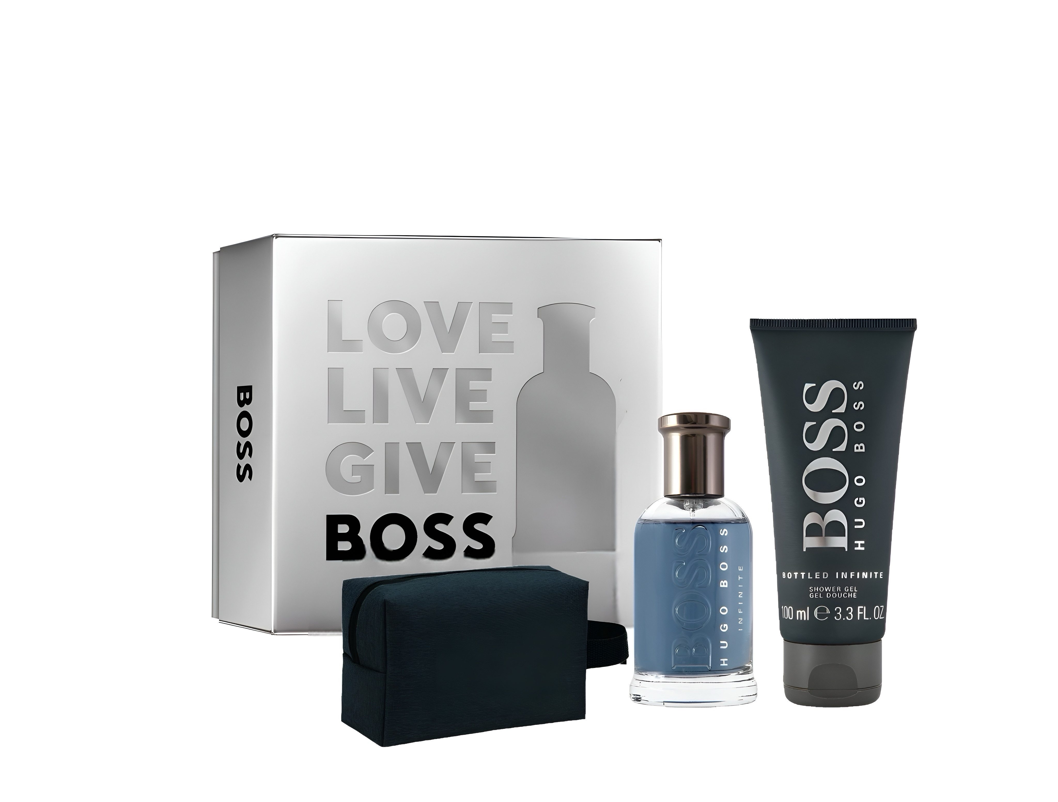 HUGO Eau de Parfum Hugo Boss Bottled Infinite 50 ml EdP+ Shower Gel, Kulturbeutel Set, 4-tlg., Geschenk Verpackung exklusives Design, Kosmetiktasche, Handtasche